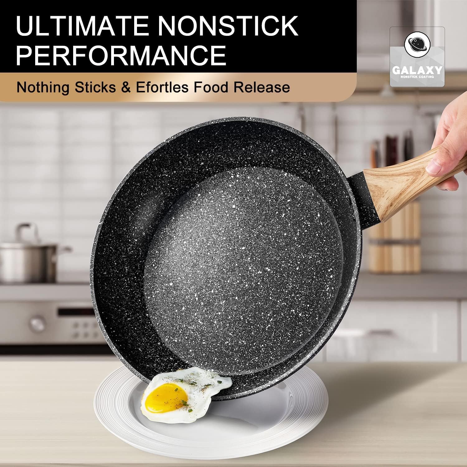 Michelangelo 26cm Nonstick Frying Pan with Lid | Induction Stone Skillet