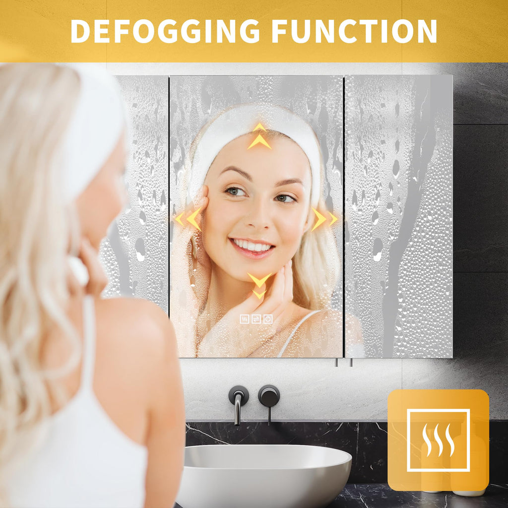 ELEGANT 900x650mm Illuminated LED Bathroom Mirror Cabinet with Shaver Socket Triple Door Wall Mirror Cabinets with 3-Color Infinitely Dimmable and - image 4