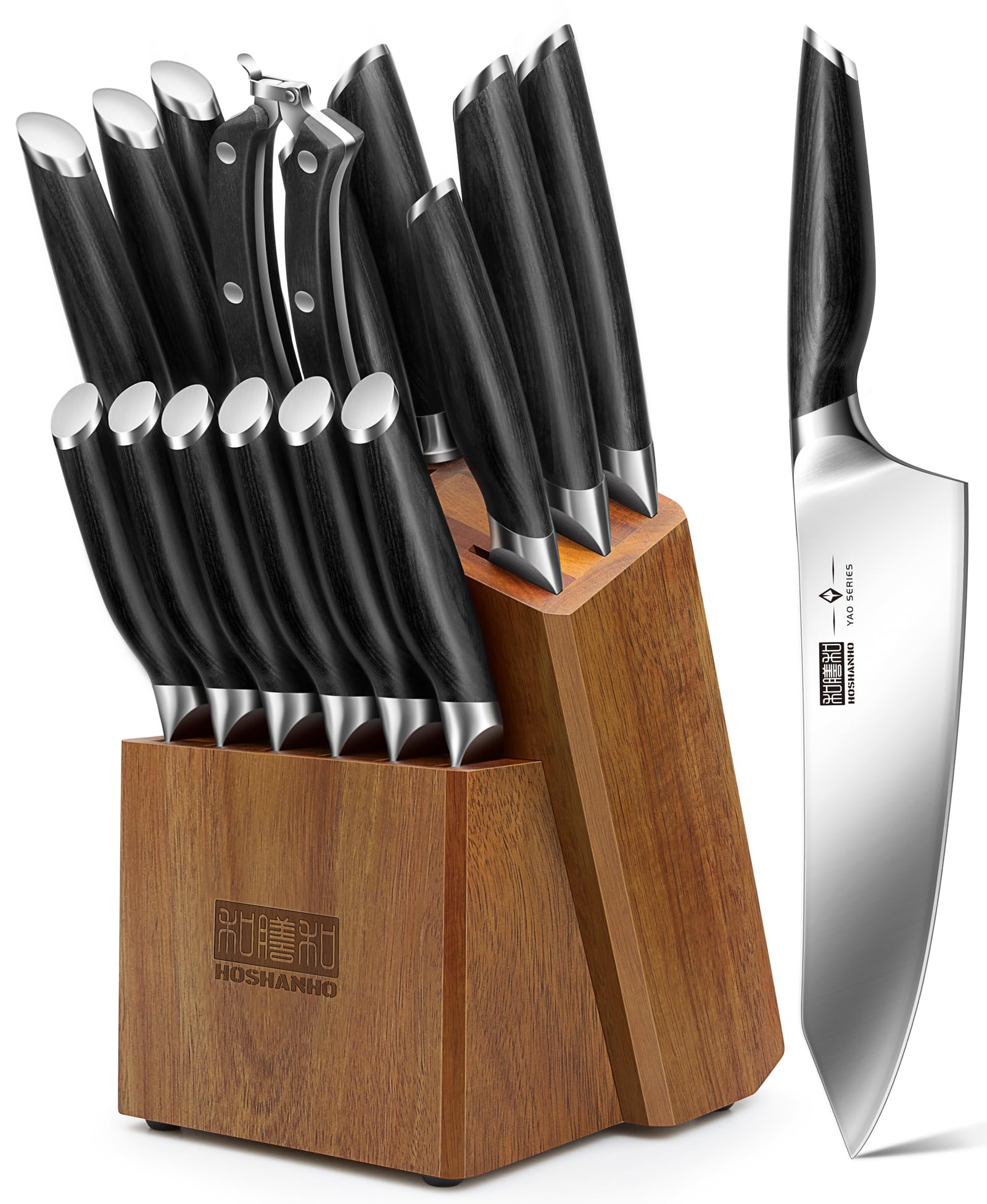 HOSHANHO 16-Piece High Carbon Powder Steel Kitchen Knife Set with Block