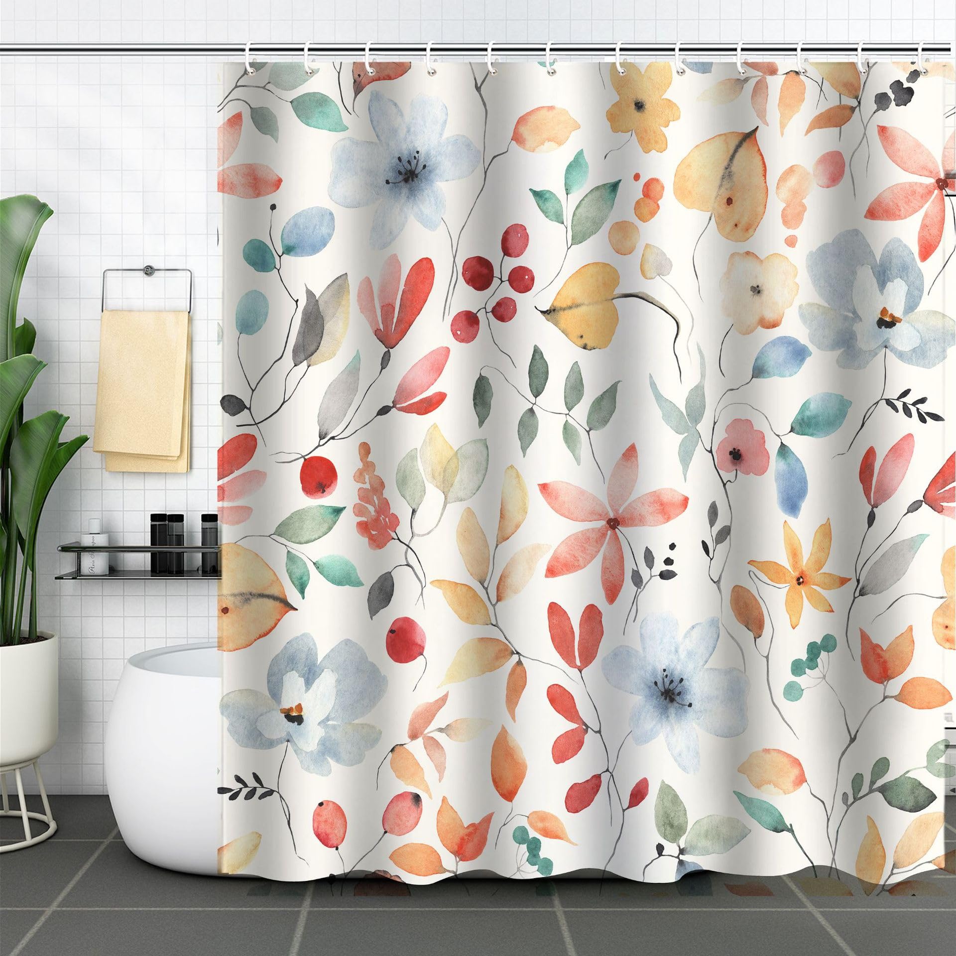 Floral Watercolor Shower Curtain – Boho Fabric Decor, 72x72