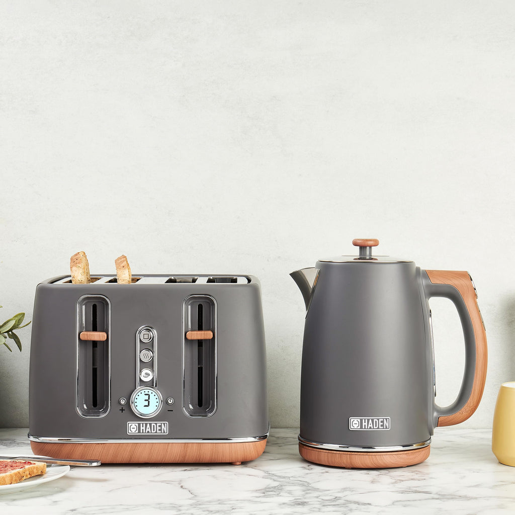 Haden Dorchester 4-Slice Toaster | Grey Digital Toaster with Wood Finish