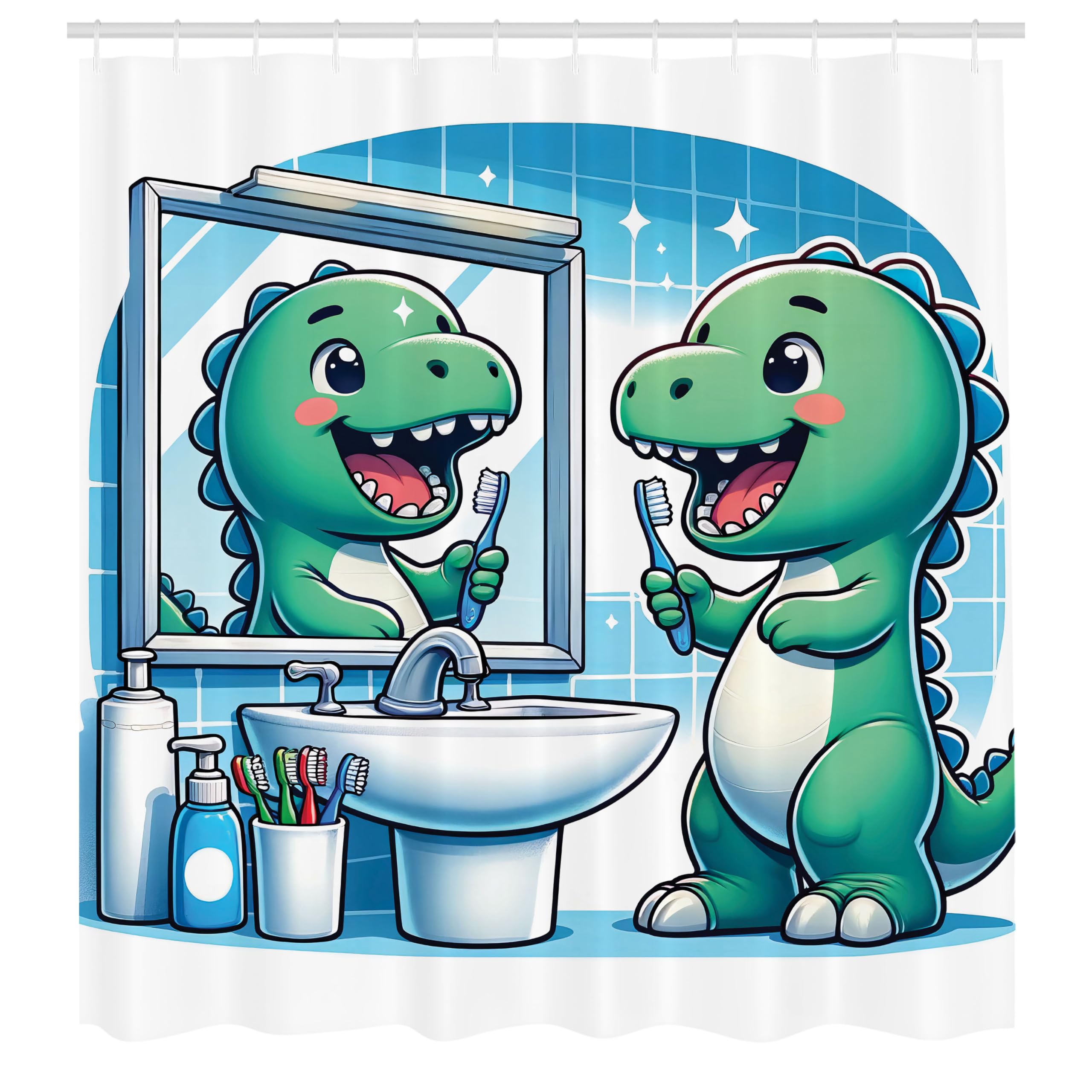 Abakuhaus Dino Brushing Teeth Shower Curtain | Waterproof Fabric, 175x200cm