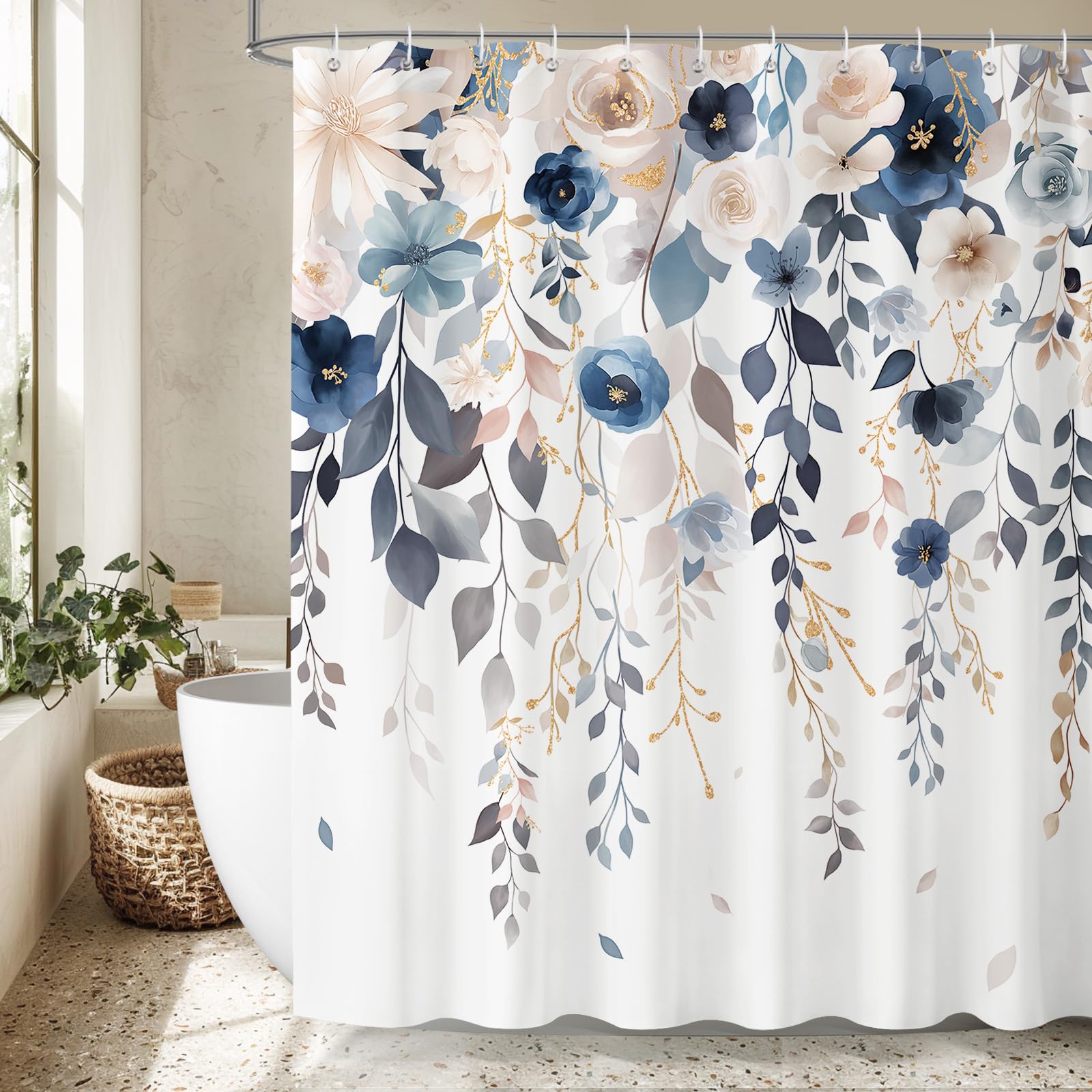 Dazzlewall Floral Shower Curtain | Blue & Pink Waterproof Polyester, 180x180cm