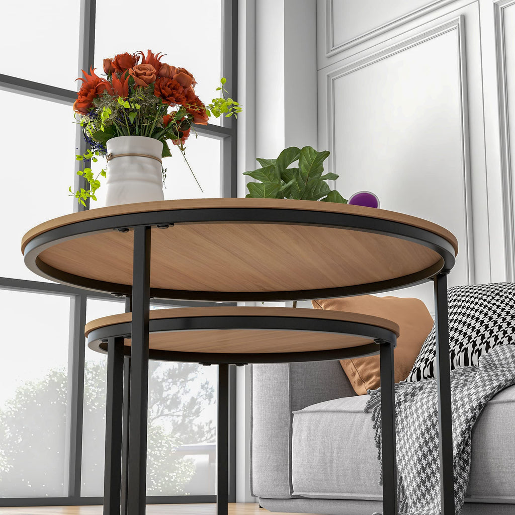 HOJINLINERO Round Nesting Coffee Table Set – Industrial Black Metal