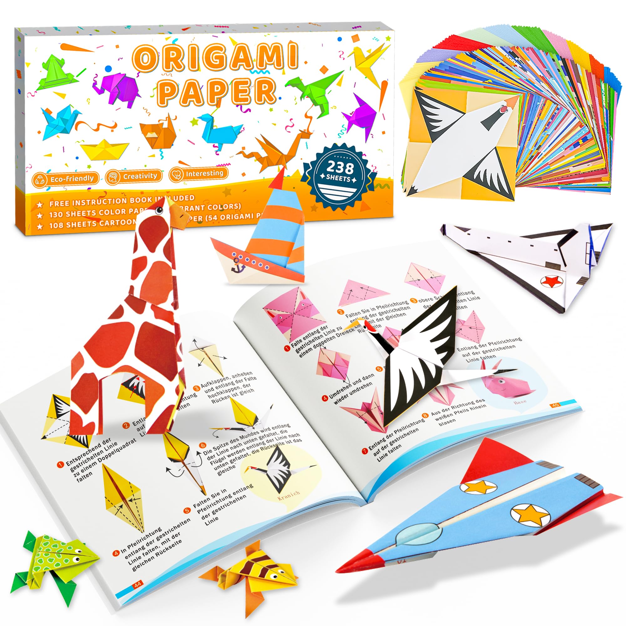 MOBYKE 238 Sheets Origami Kit for Kids | 54 Patterns & Folding Book