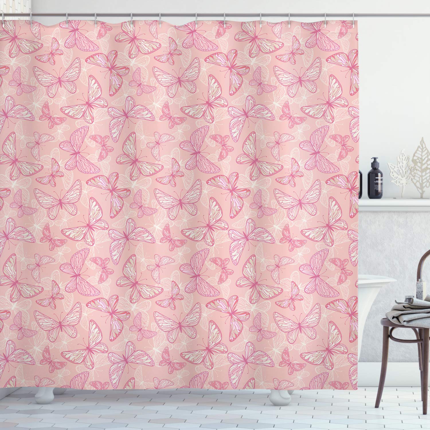 ABAKUHAUS Butterfly Shower Curtain – Pale Pink Fabric Bathroom Decor