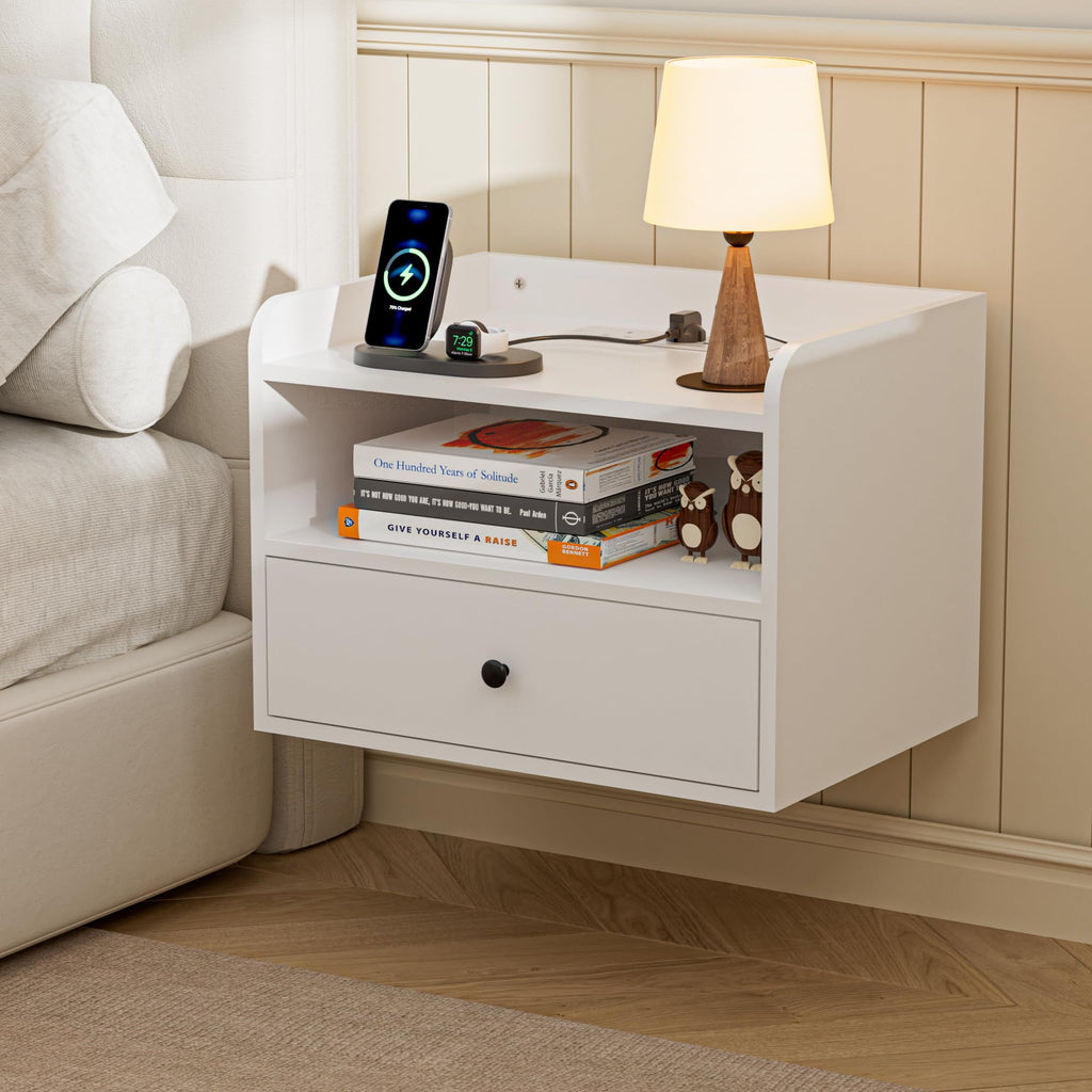 BonVache Set of 2 Floating Bedside Tables, Wall Mounted Bedside Table with Charging Station, Floating nightstand with Open Shelf and Drawer - image 5