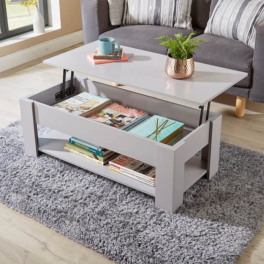 Lift Top Coffee Table with Hidden Storage & Shelf, Grey