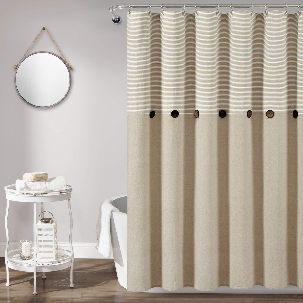 Lush Decor Beige Linen Woven Cotton Shower Curtain, Farmhouse Button Stripe, Yarn Dyed 72" x 72"