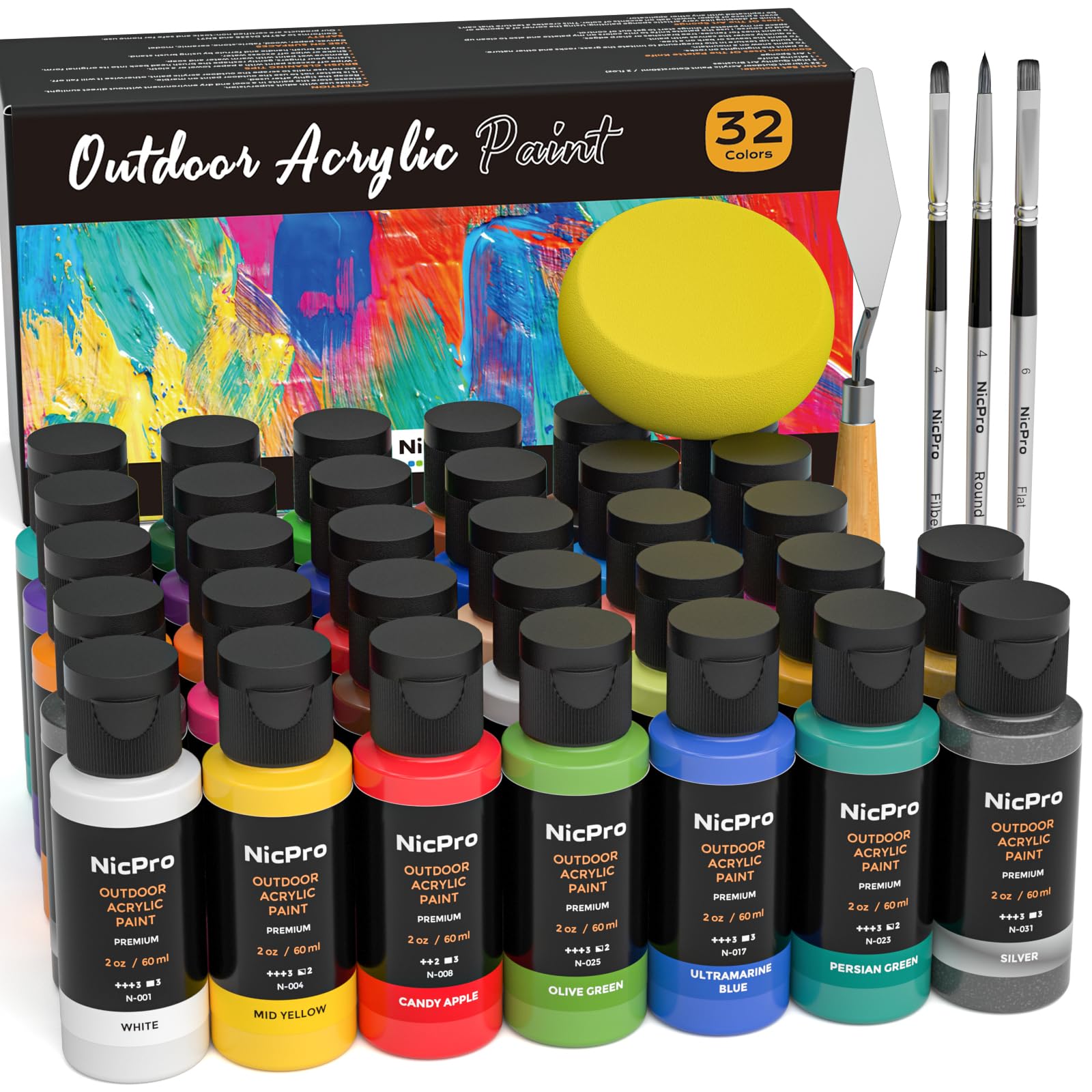 Nicpro 32 Colors Outdoor Acrylic Paint Set – UV Resistant Multi-Surface Kit