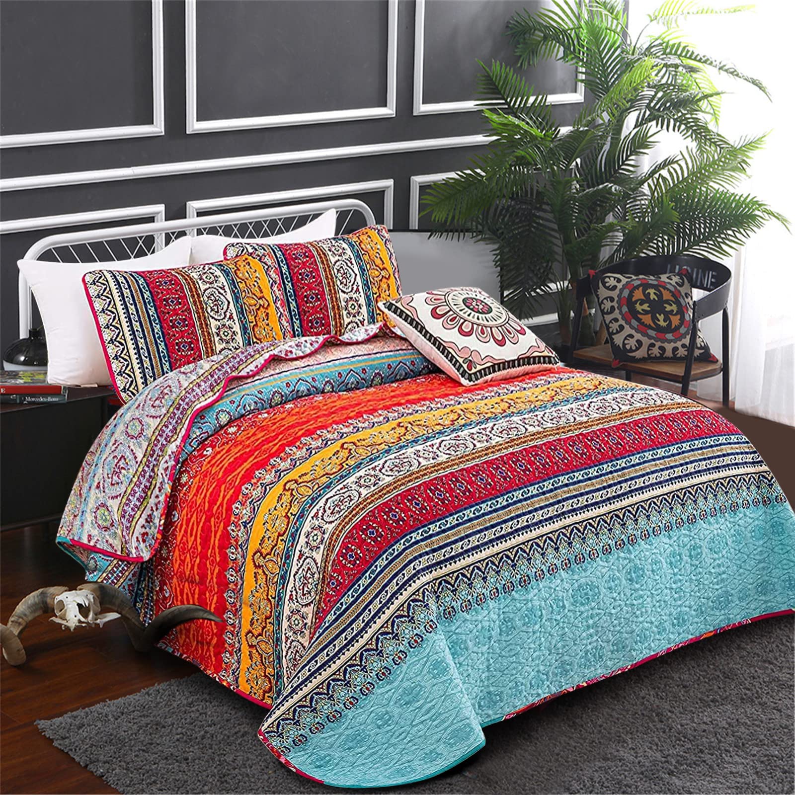 WONGS BEDDING King Bohemian Reversible Quilt | Soft Microfiber Bedspread