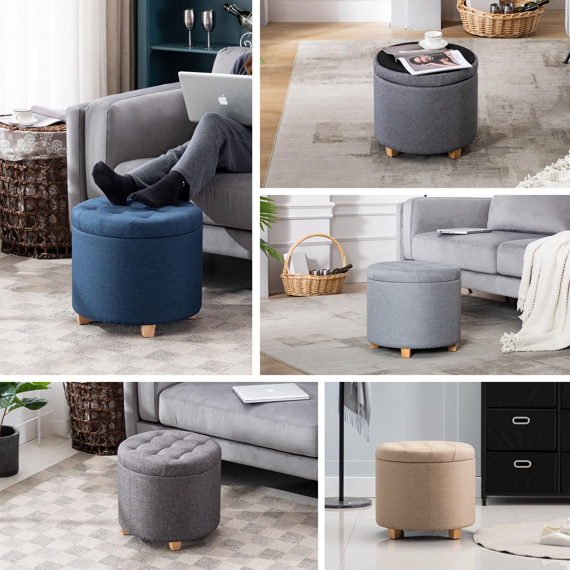 HNNHOME Round Linen Storage Ottoman – Padded Footstool Stool, 45cm