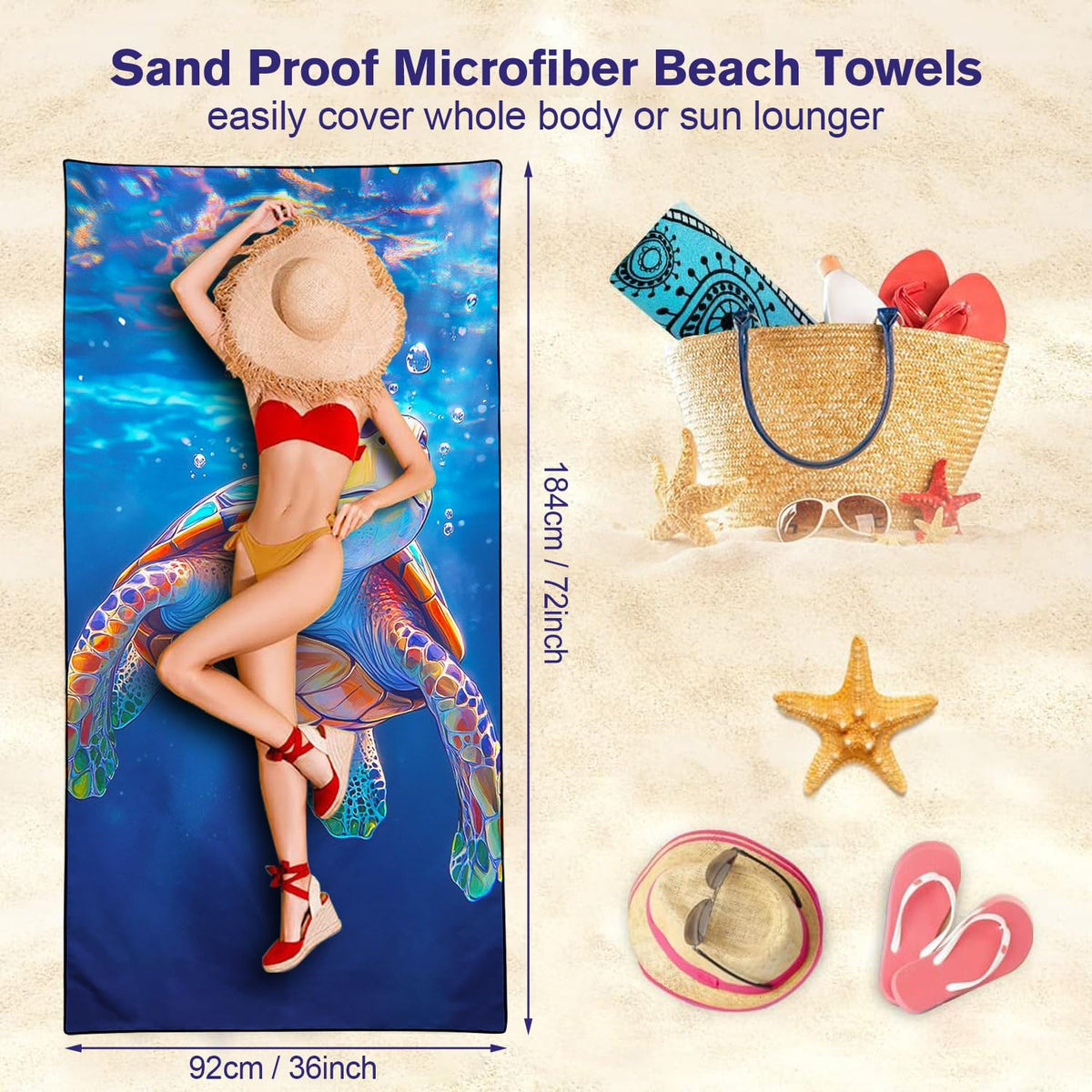 Violetpos Baby Sea Turtle Underwater Beach Towel, Extra Large 180x90 cm 250GSM Microfibre, Sand Free Quick Dry - image 5