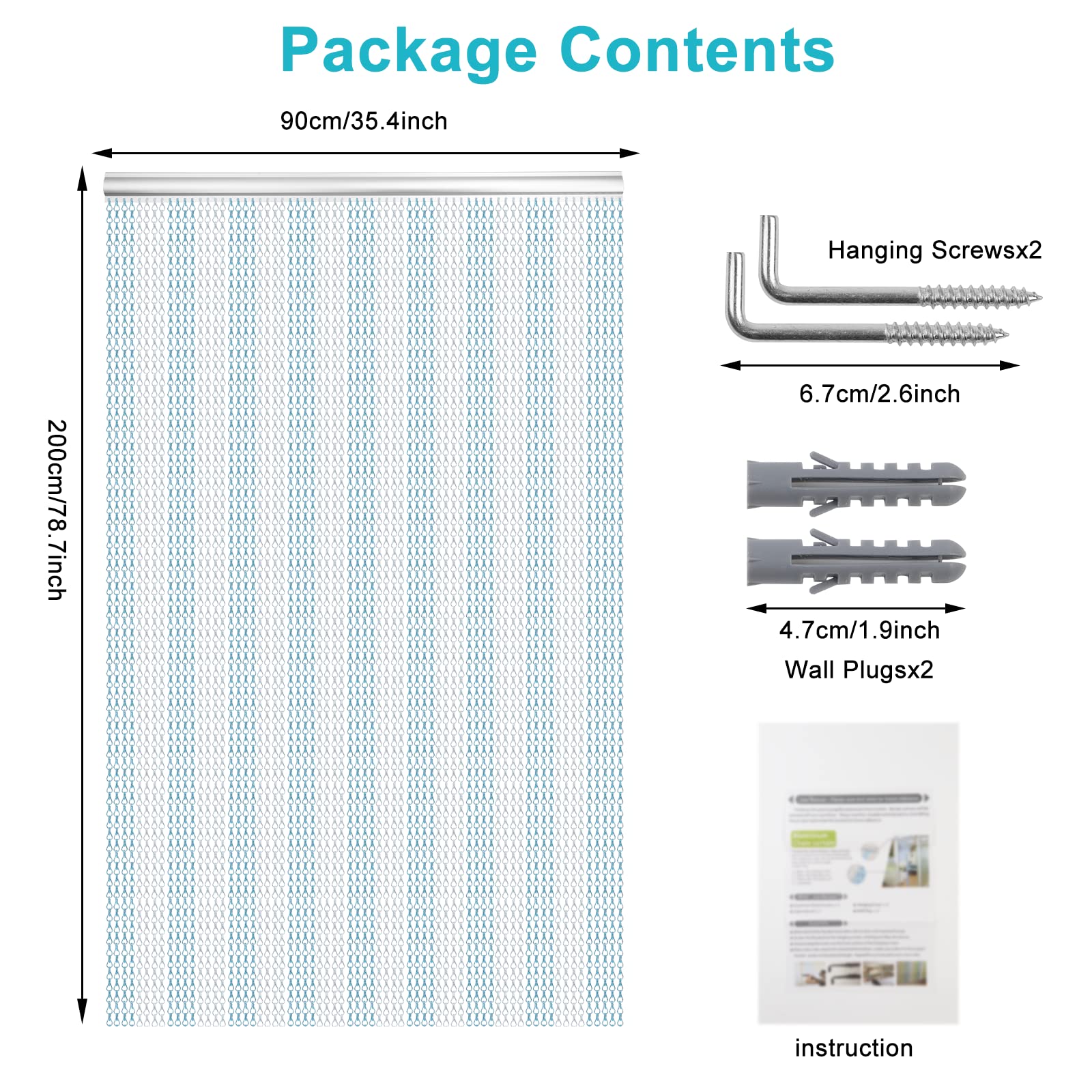 LYMMIYTC Aluminium Chain Door Curtain - 90x200cm Metal Fly Screen, Blue & Silver