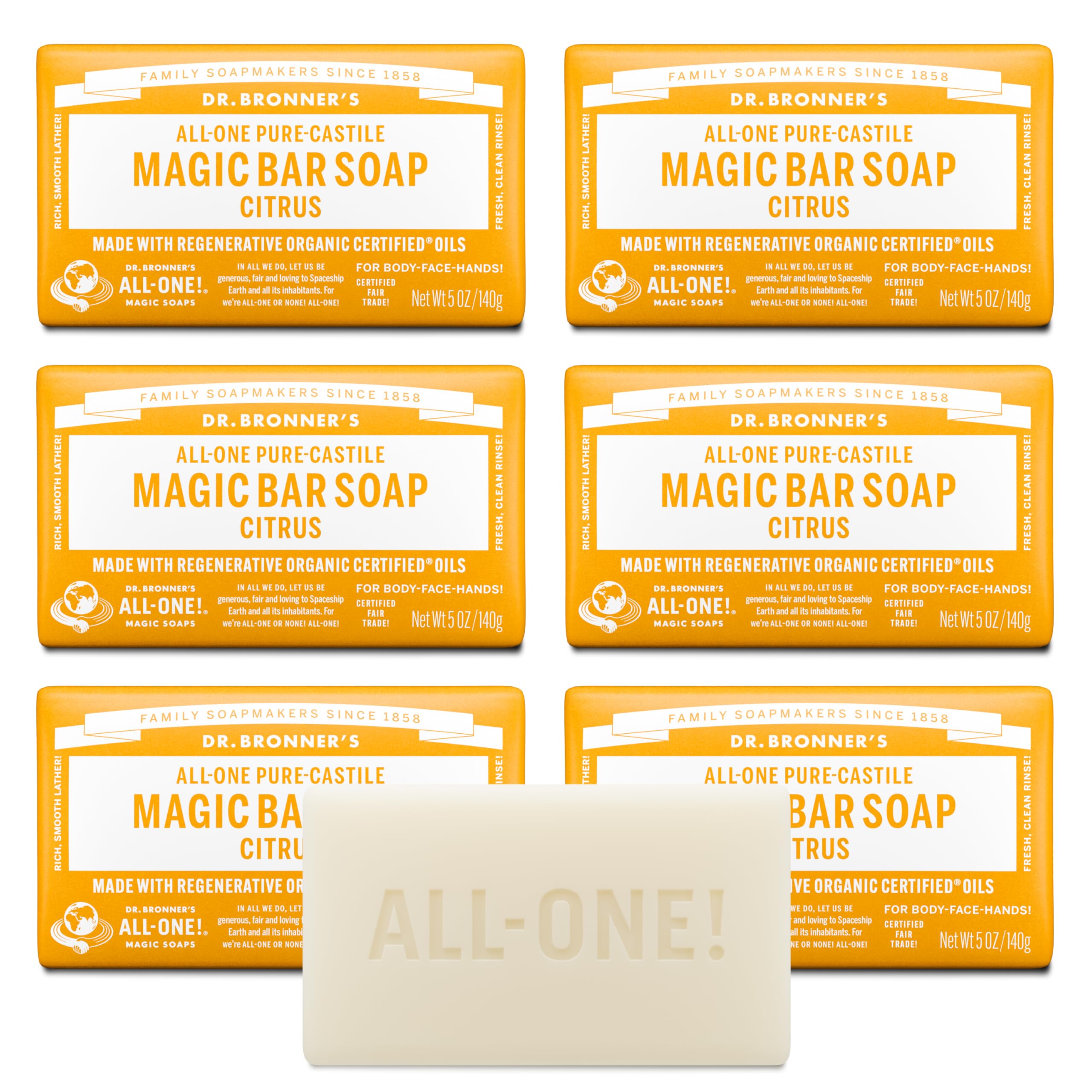 Dr. Bronner’s Pure-Castile Bar Soap – Citrus Lemon, 5 oz (6 Pack)
