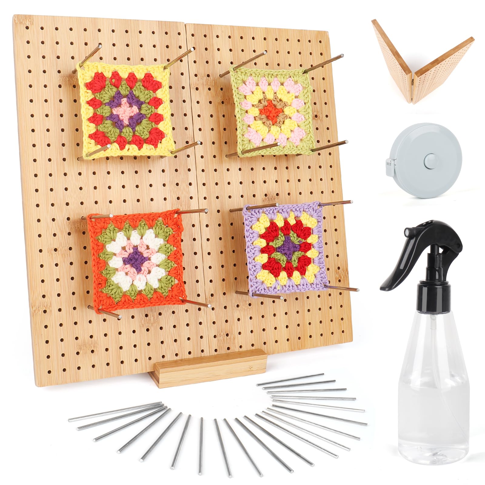 Reessy 13-Inch Wooden Crochet Blocking Board for Granny Squares | 30 Rods