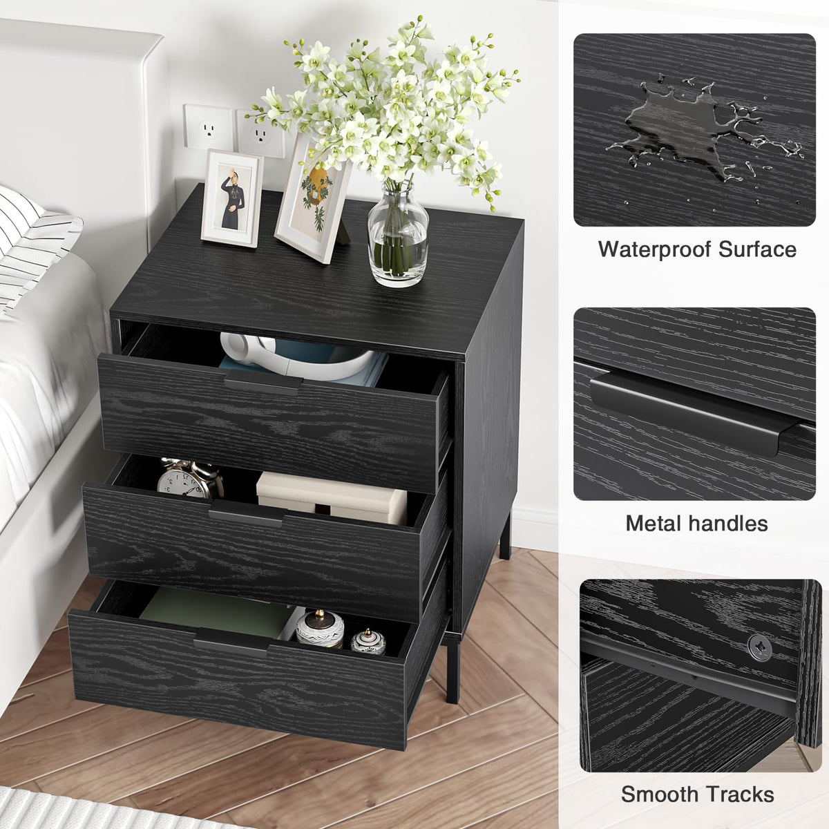 Skokliz Bedside Table with 3 Drawers, Black Nightstand for Bedroom, Wood Modern End Table for Living Room, Small Spaces, 50x40x60cm - image 3