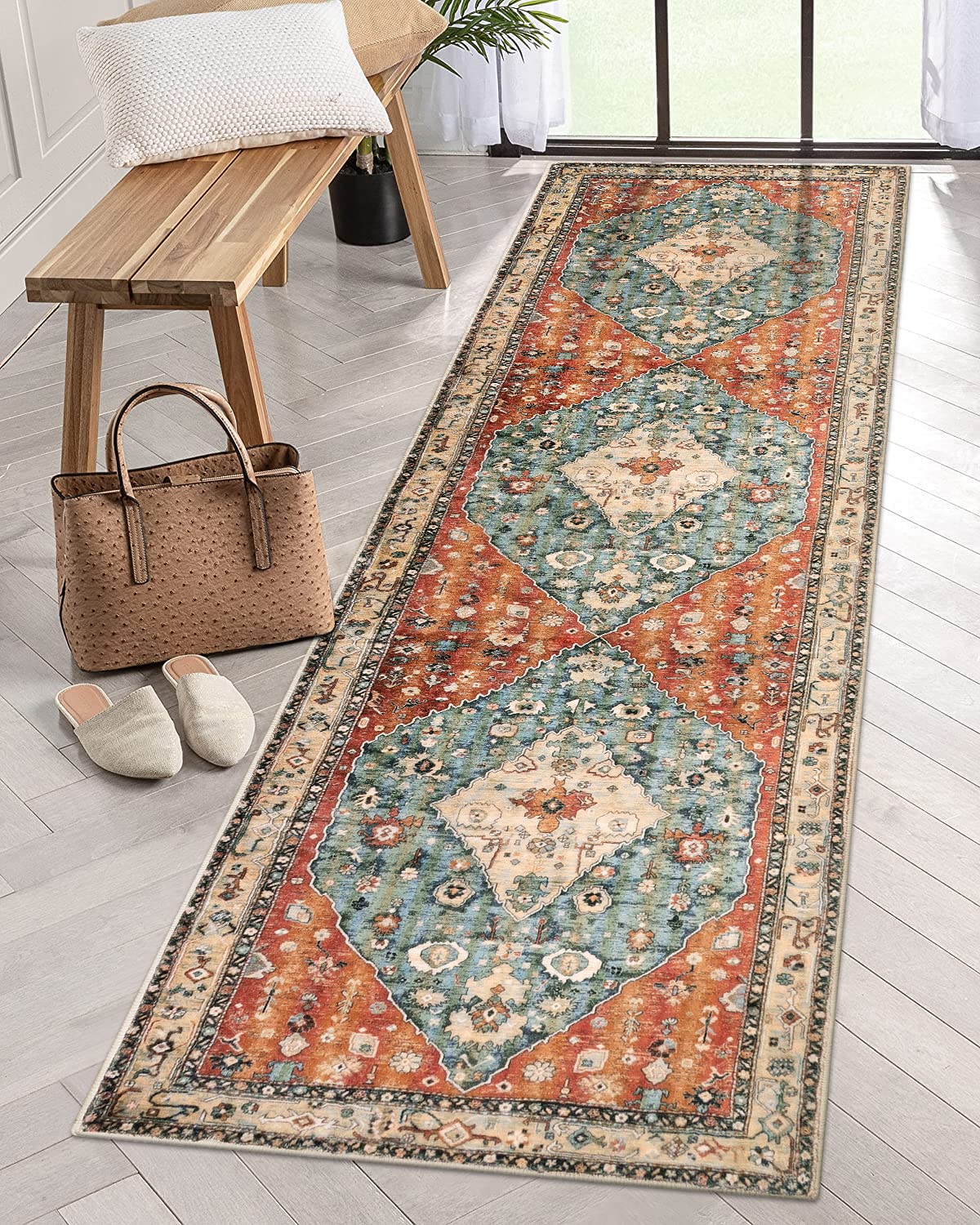 KIMODE Boho Hallway Runner Rug | 60x210cm Washable Non-Slip Vintage Rug