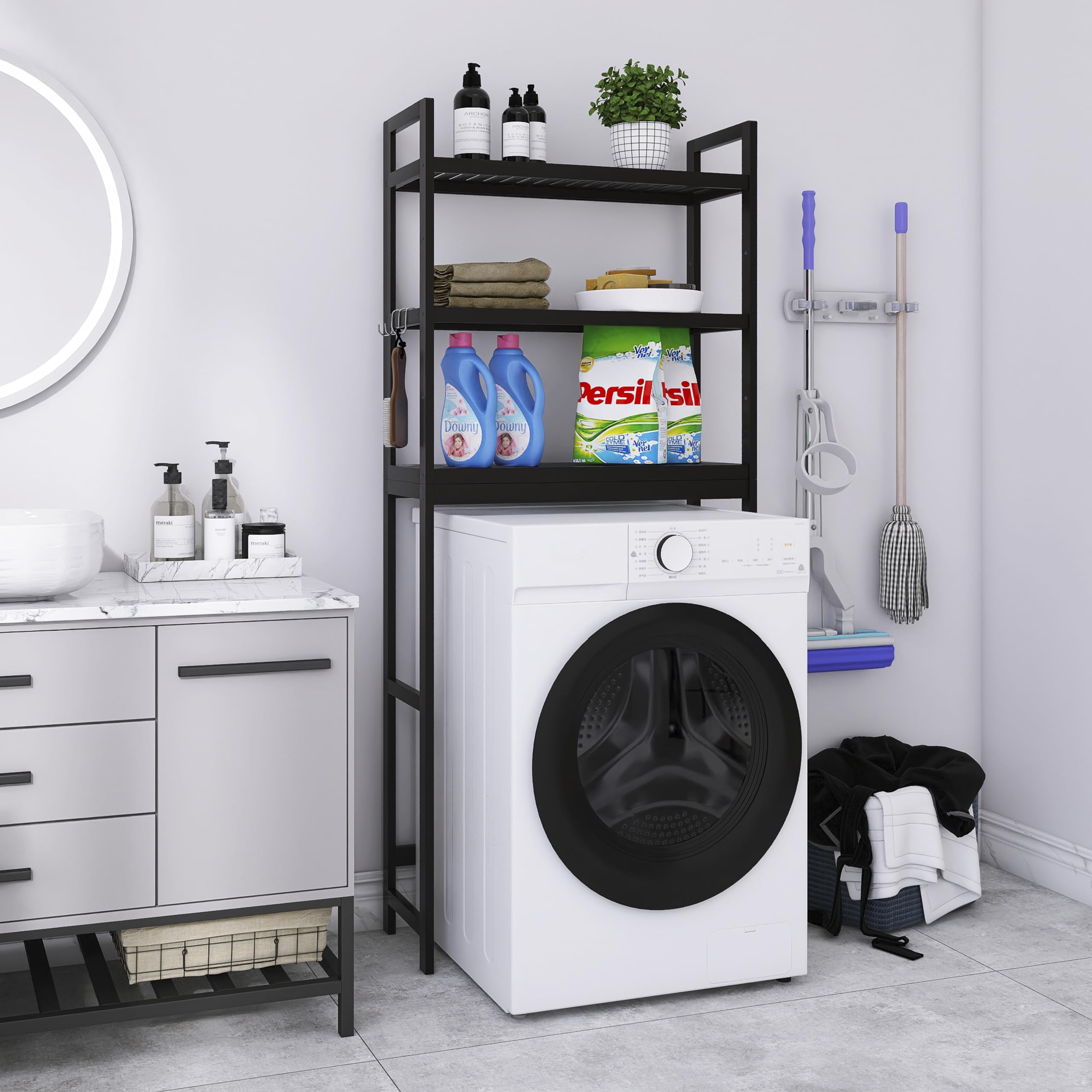 SMIBUY Bamboo Over-The-Toilet Storage Rack | 3-Tier Adjustable Shelf - Black