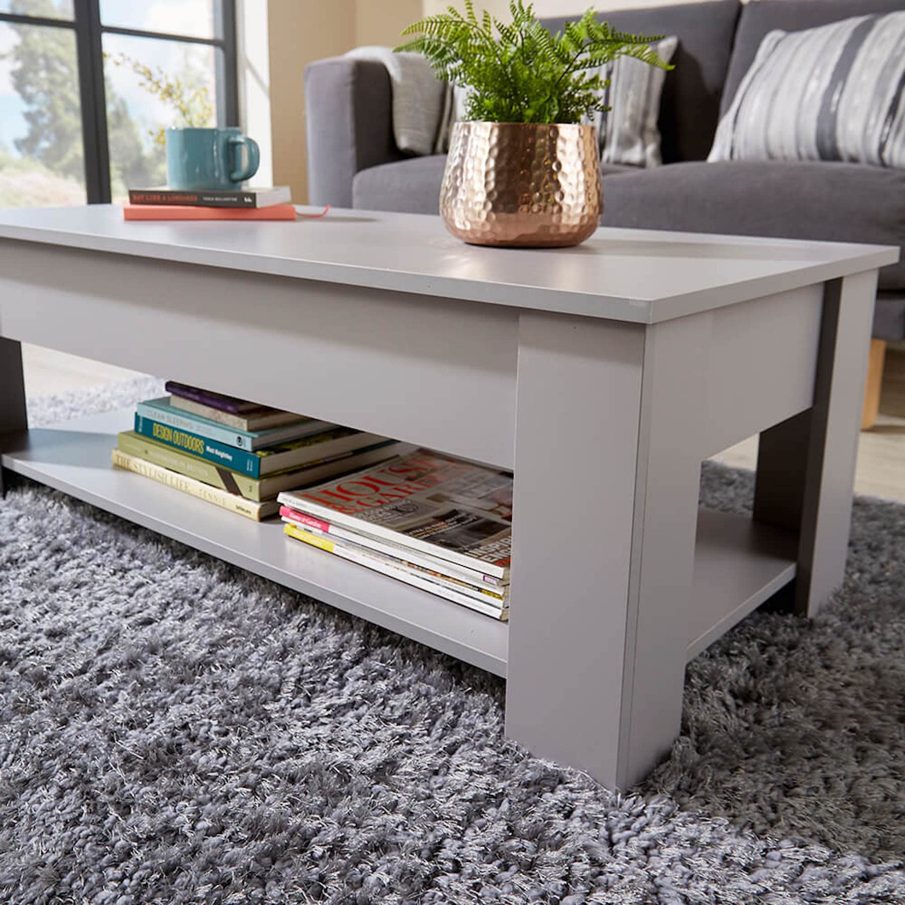 Lift Top Coffee Table with Hidden Storage & Shelf, Grey