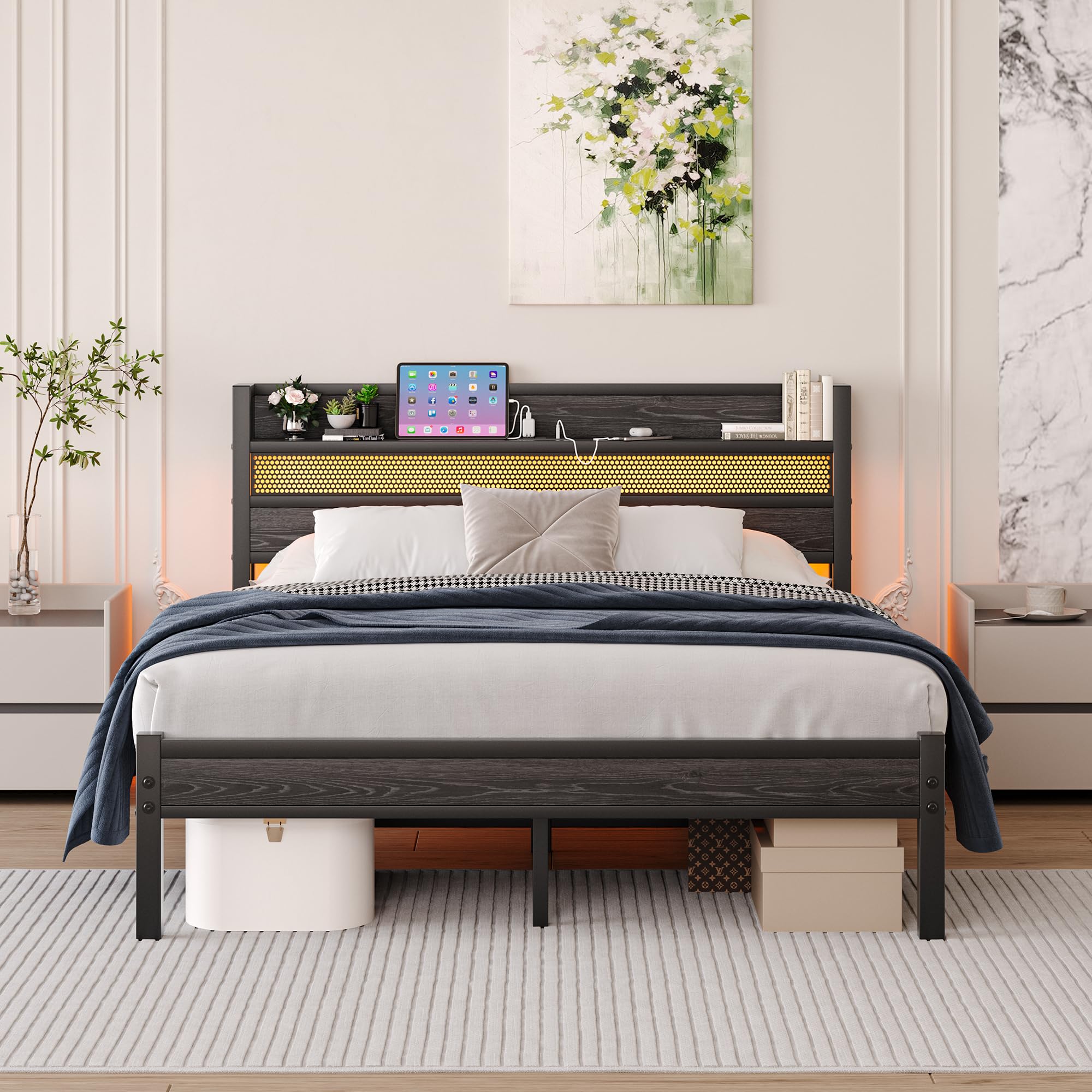 HAHRIR King Bed Frame with Storage Headboard, LED Lights & Charging Station
