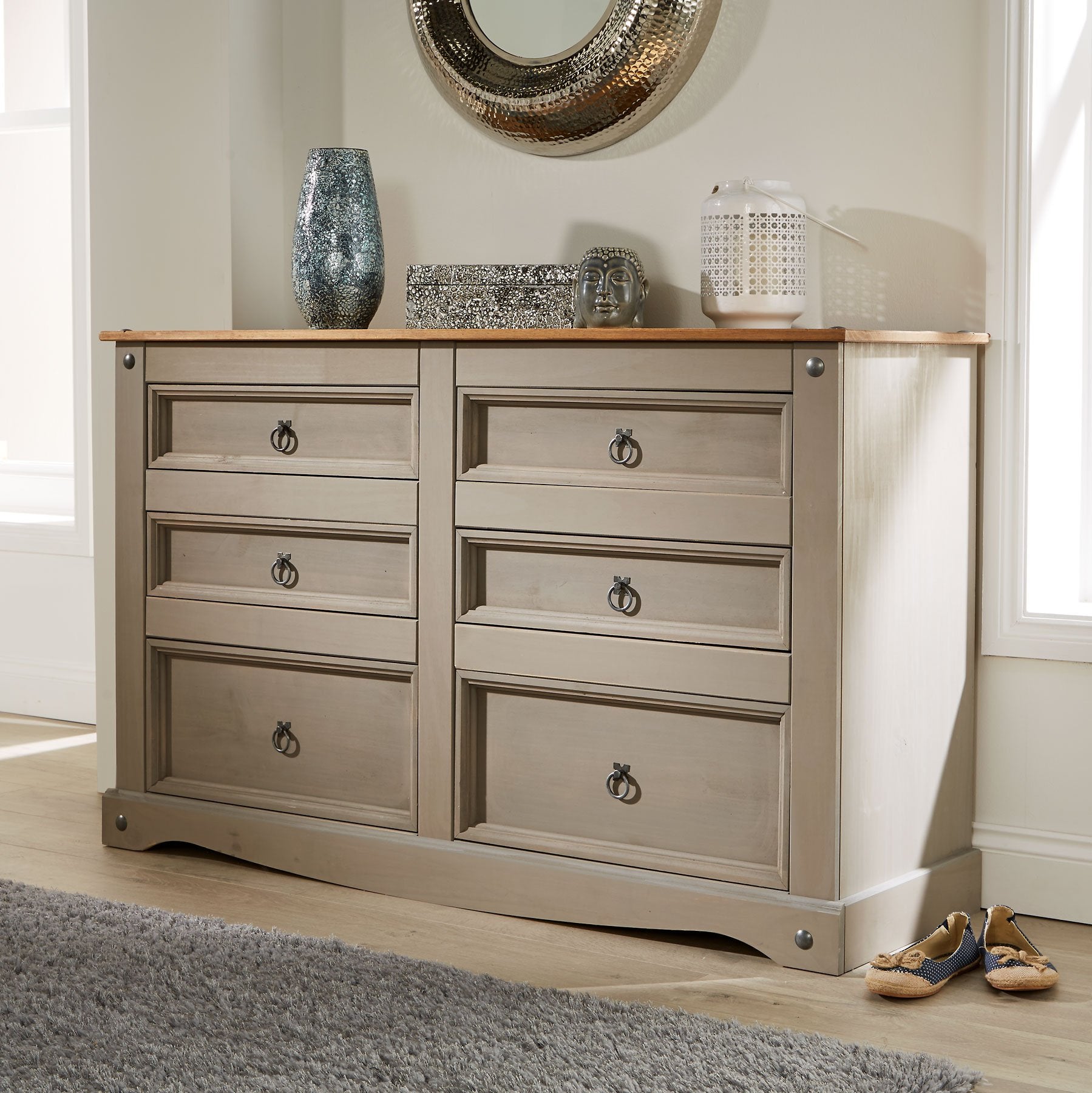 Jolof Store Corona Grey 6 Drawer Chest – Solid Pine Mexican Sideboard
