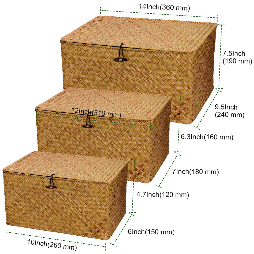 Set of 3 Seagrass Rattan Boxes with Lid, Rectangular Woven Storage Hamper - image 2