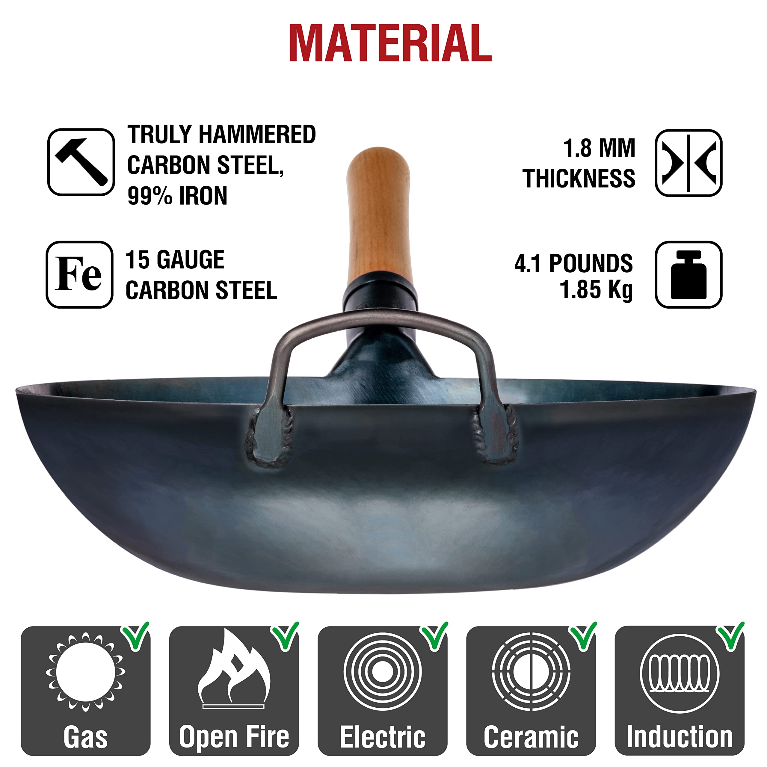 Yosukata 34cm Blue Carbon Steel Wok – Pre-Seasoned Flat Bottom Pan