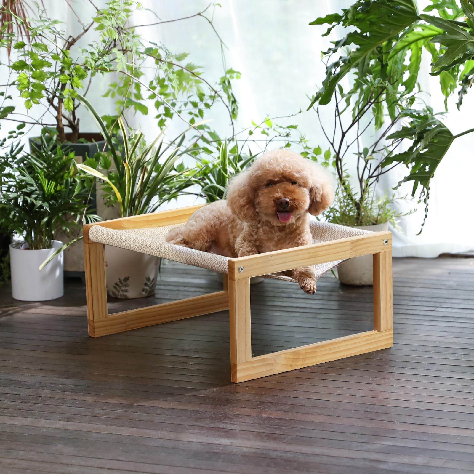 FUKUMARU Elevated Cat Hammock | Wooden Breathable Pet Bed for Small Dogs