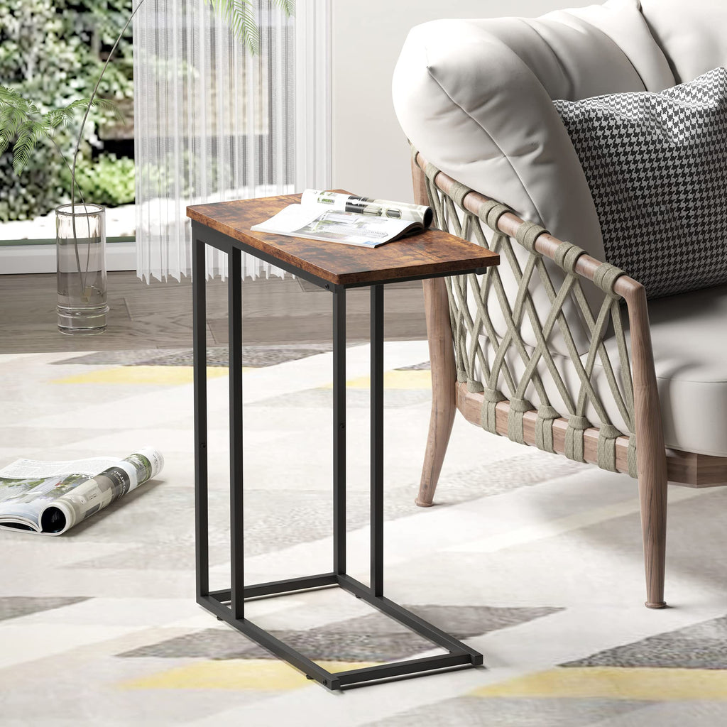 Yusong C Shaped End Table – Slim Industrial Sofa Side Table, Rustic Brown