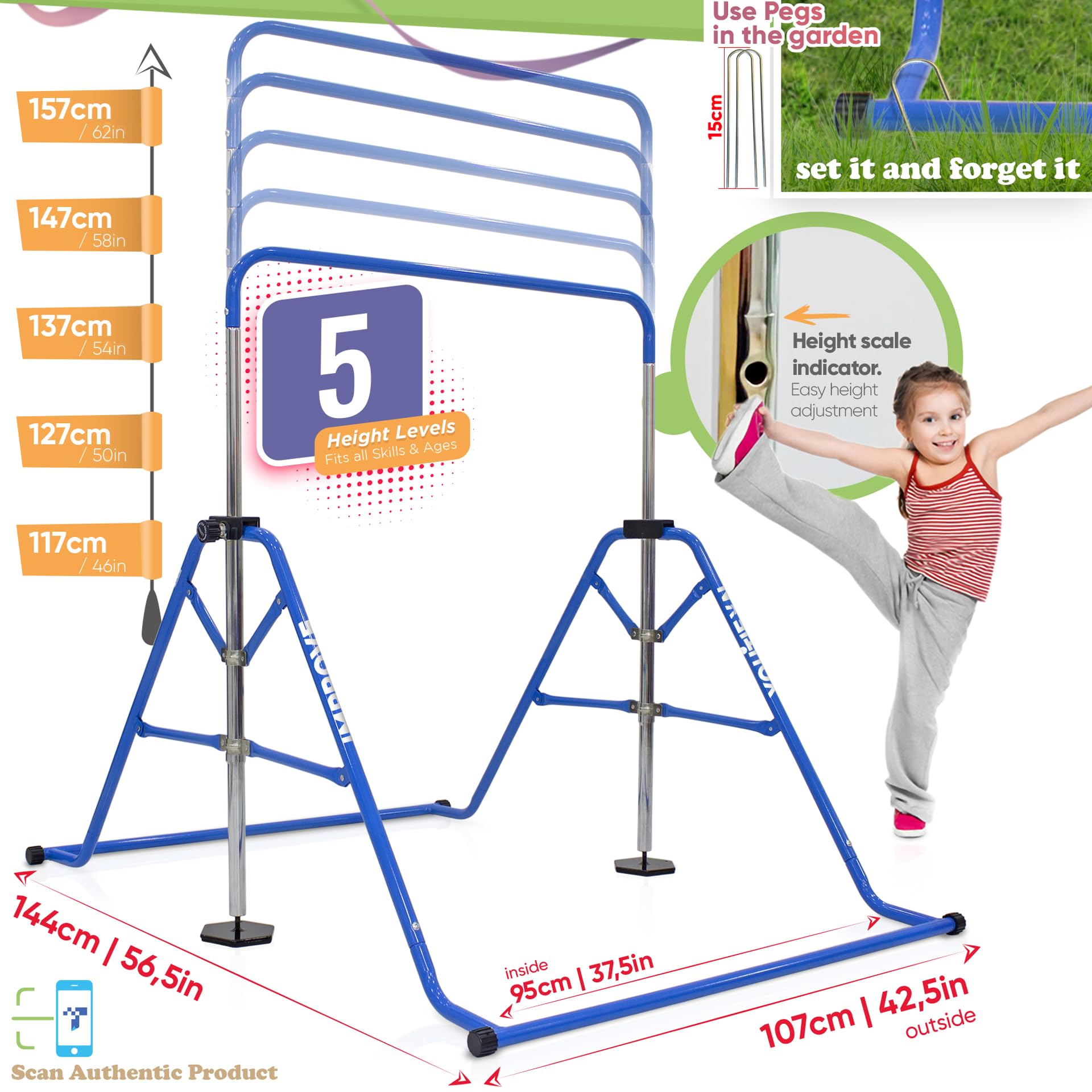 YOUTIFUN Kids Gymnastics Bar | 5-Level Adjustable Home Gym Equipment