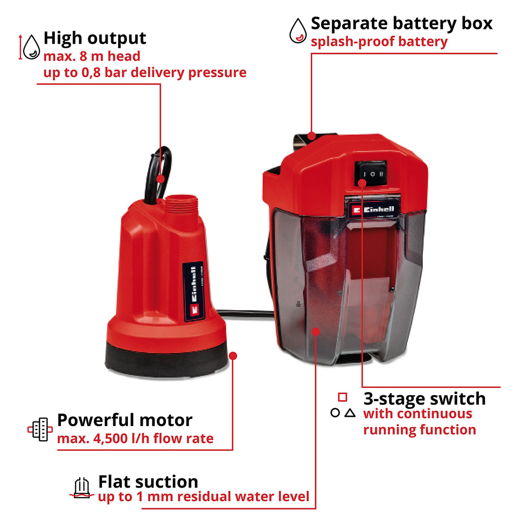 Einhell 18V Cordless Submersible Water Pump | 1mm Flat Suction | GE-SP 18