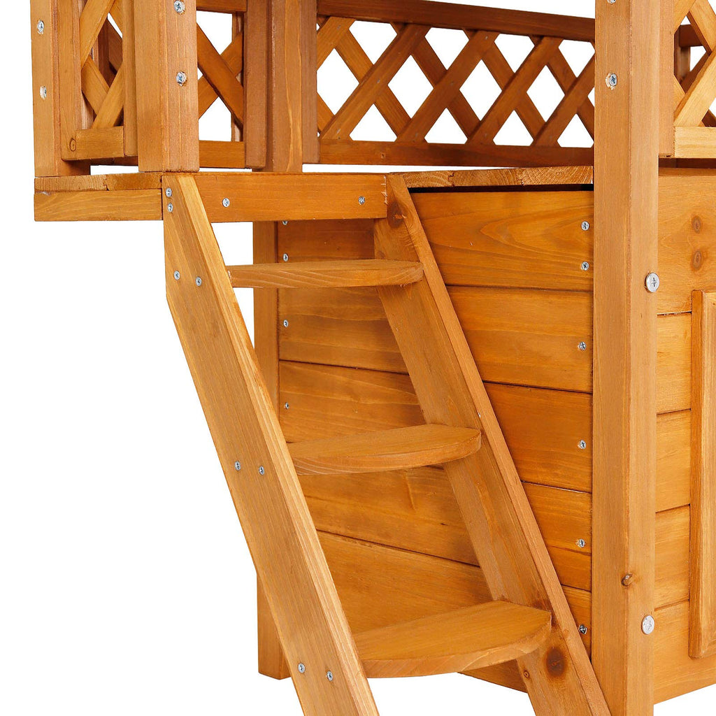 lionto Dibea Wooden Cat House with Terrace and Stairs – 77x50x73 cm