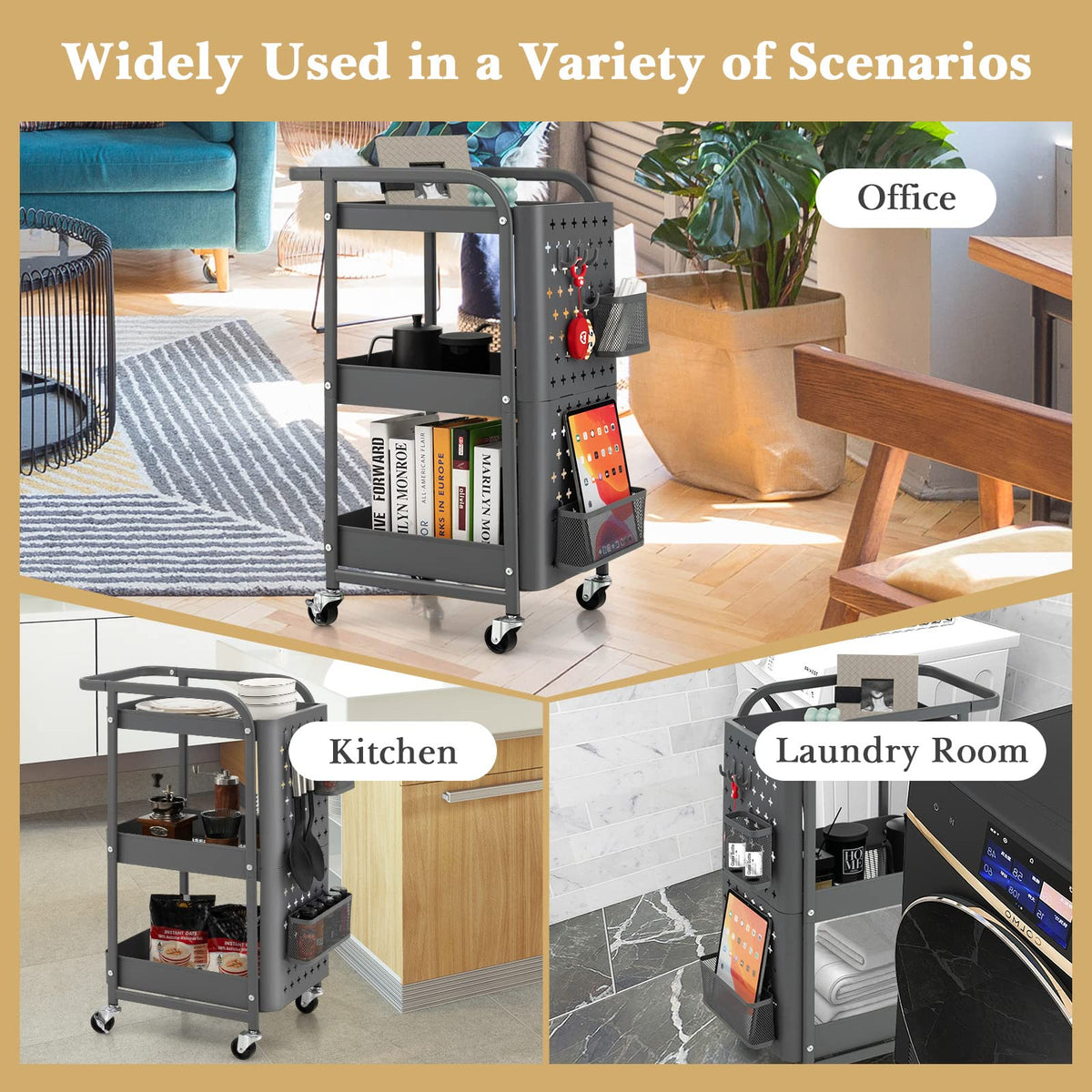 GiantexUK 3-Tier Storage Cart on Wheels, Metal Serving Trolley Grey - image 5