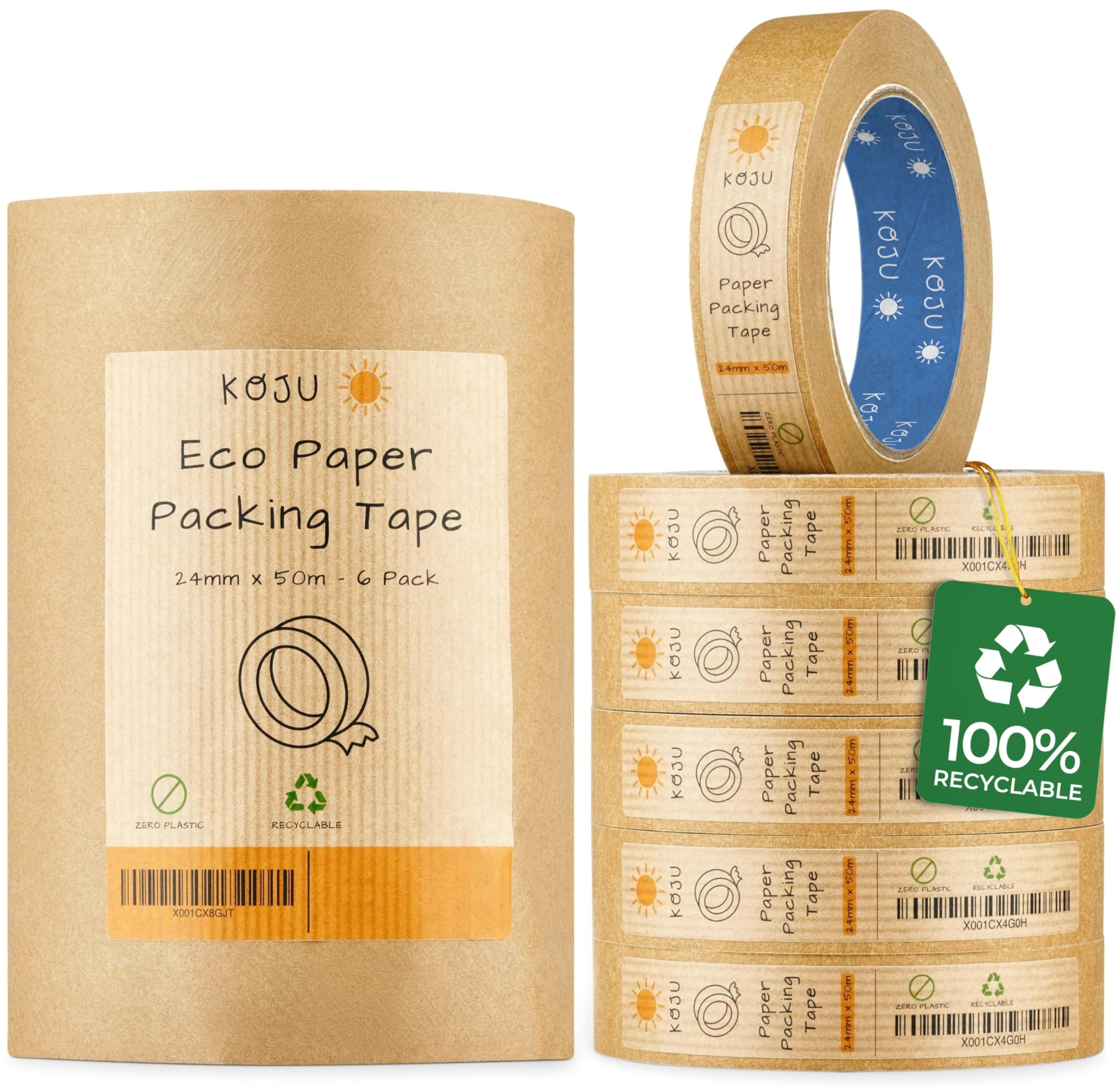 Koju Kraft Paper Packing Tape - 24mm x 50m Eco-Friendly Brown - 6 Pack