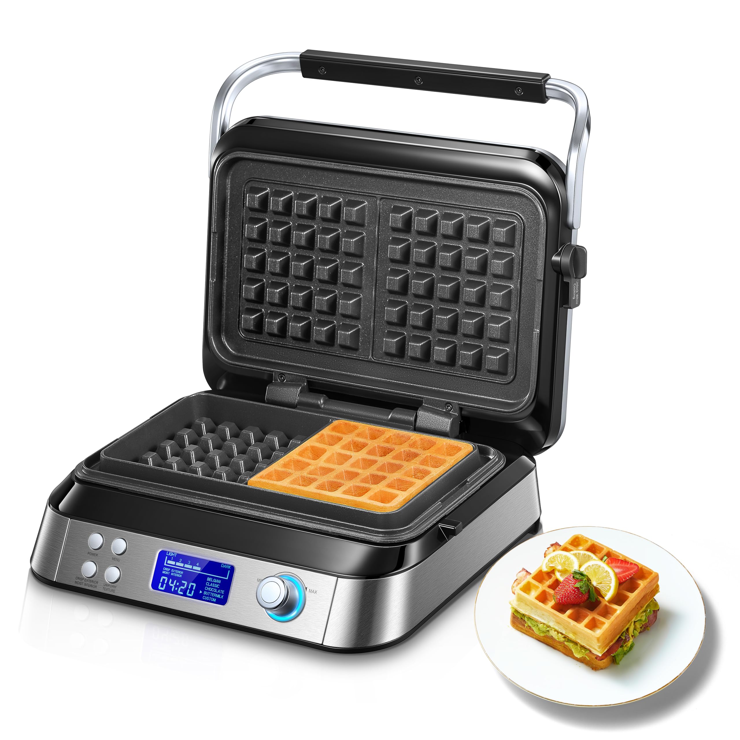 Pro Smart Waffle Maker – 1600W Non-Stick Family Size Silver