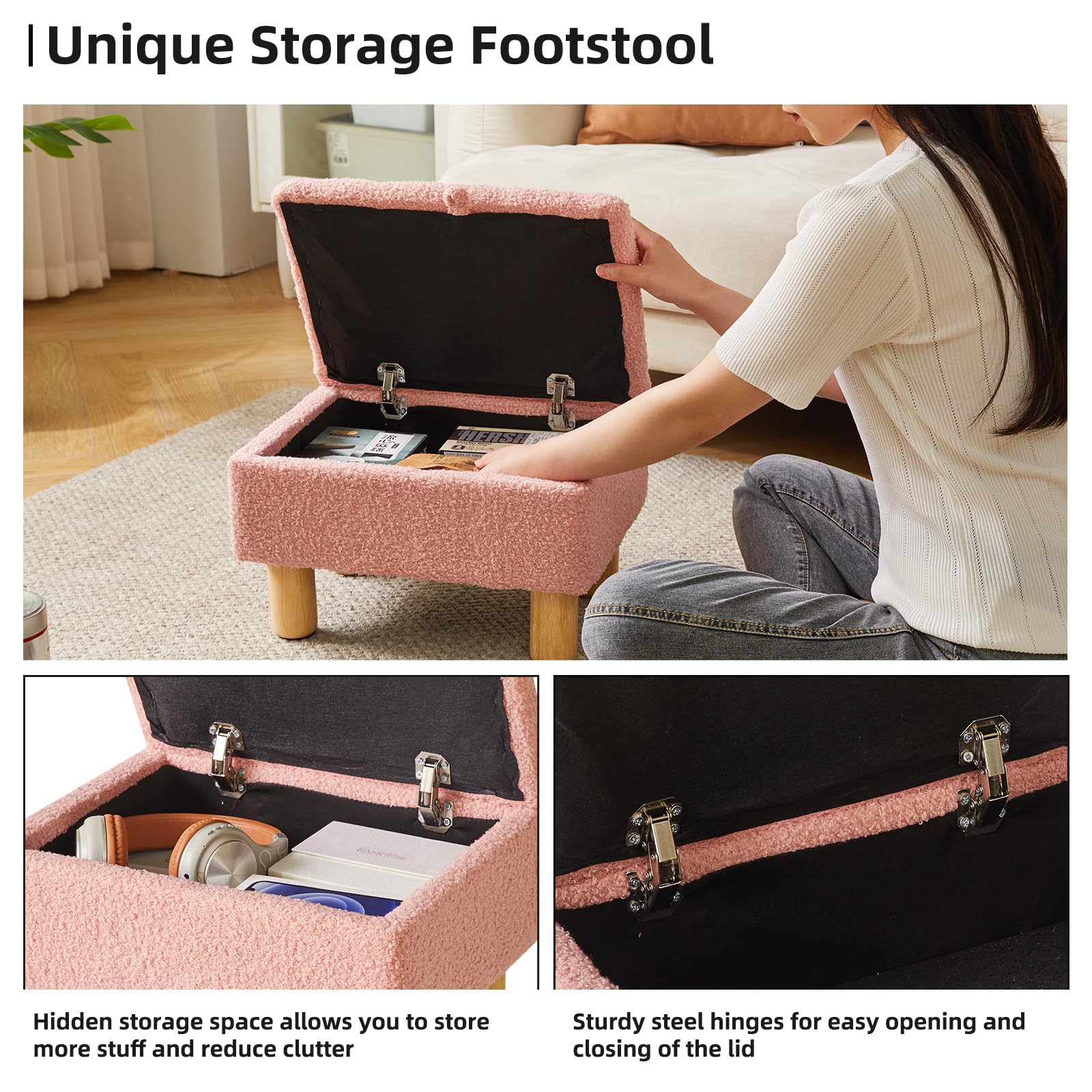 Aibiju Faux Teddy Fur Storage Ottoman – Small Upholstered Footstool