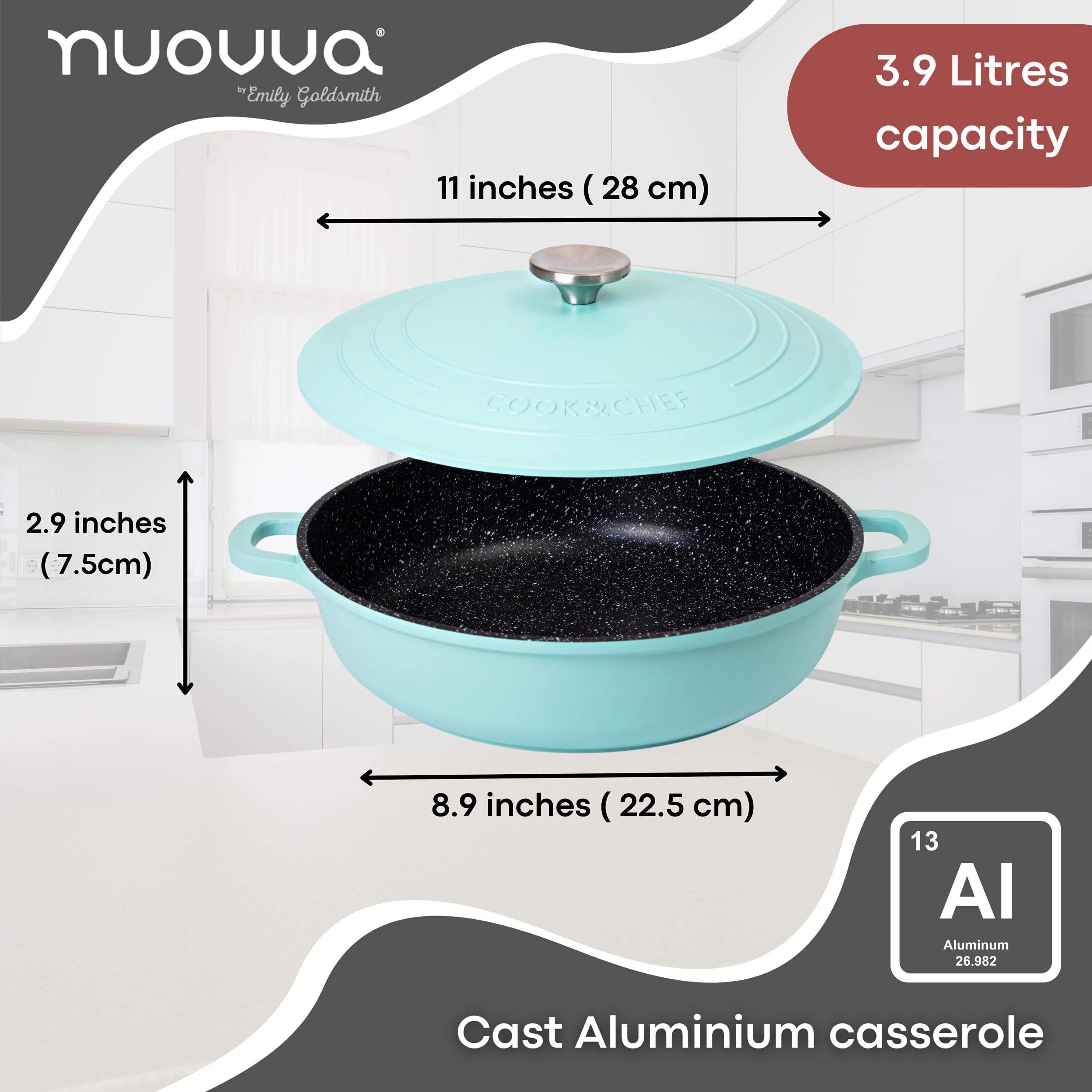Nuovva Shallow Dutch Oven – 3.9L Non-Stick Aluminium Casserole Dish, Teal