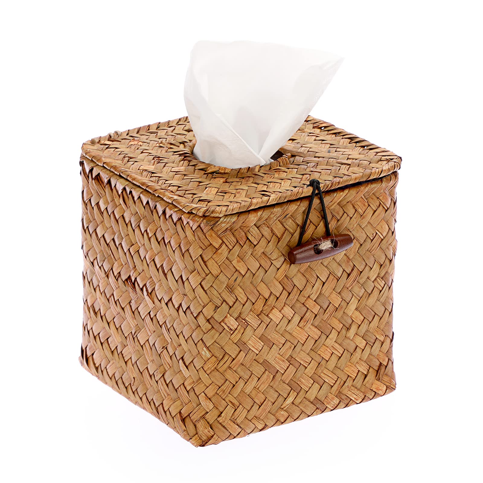 BTSKY Square Seagrass Tissue Box Holder – Woven Wicker Paper Organizer