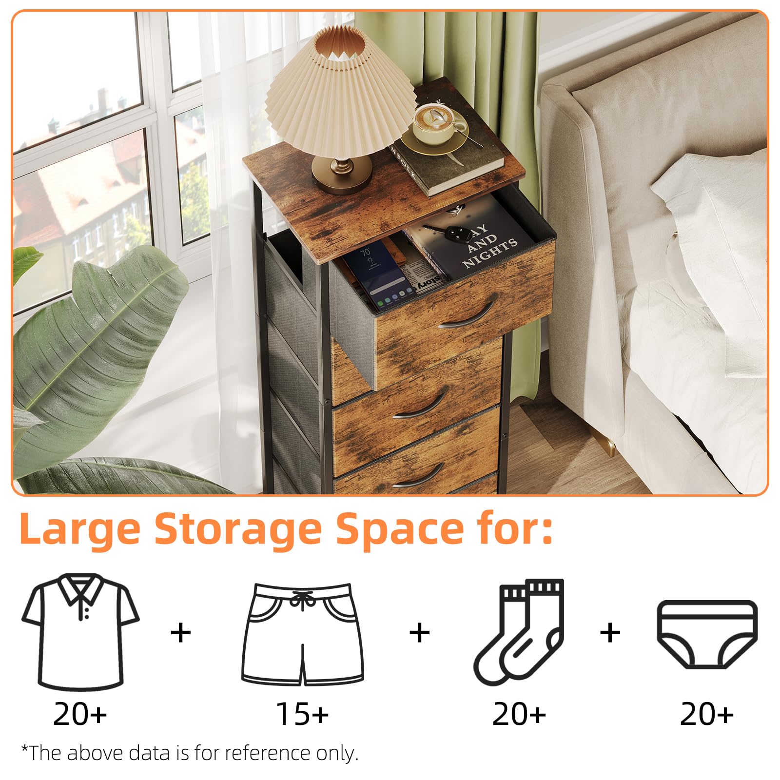 CAIYUN 5-Drawer Chest of Drawers | Tall Brown Fabric Storage Dresser