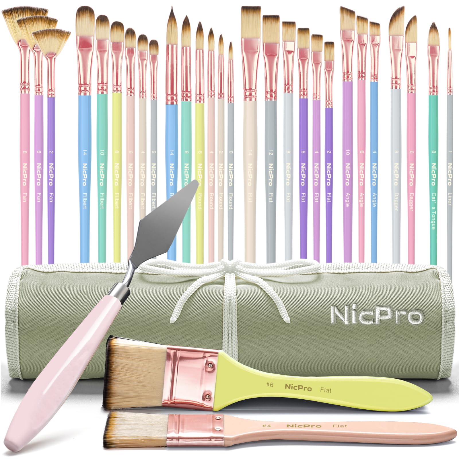Nicpro 30pcs Paint Brush Set | Aesthetic Pastel Brushes with Canvas Roll