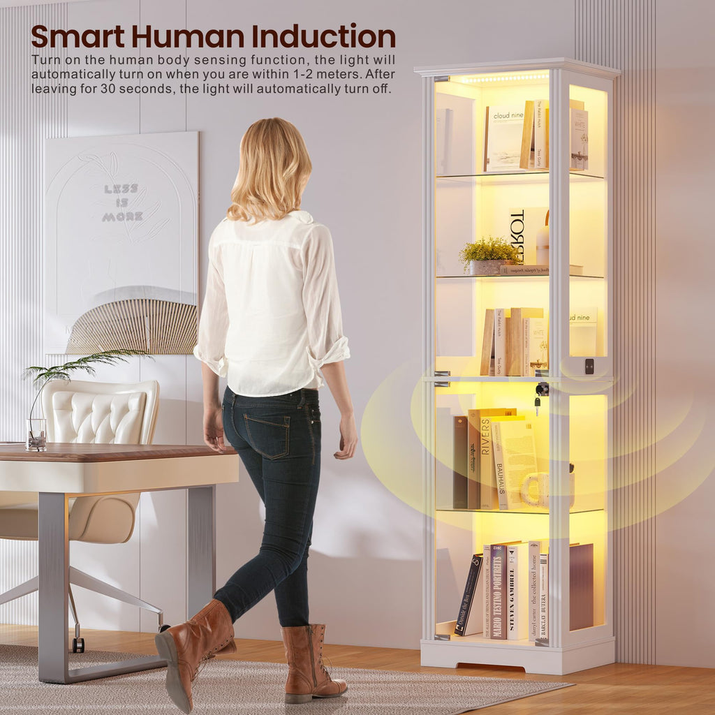 Gurexl 180cm Glass Display Cabinets with Lockable for Collectibles,White - image 2