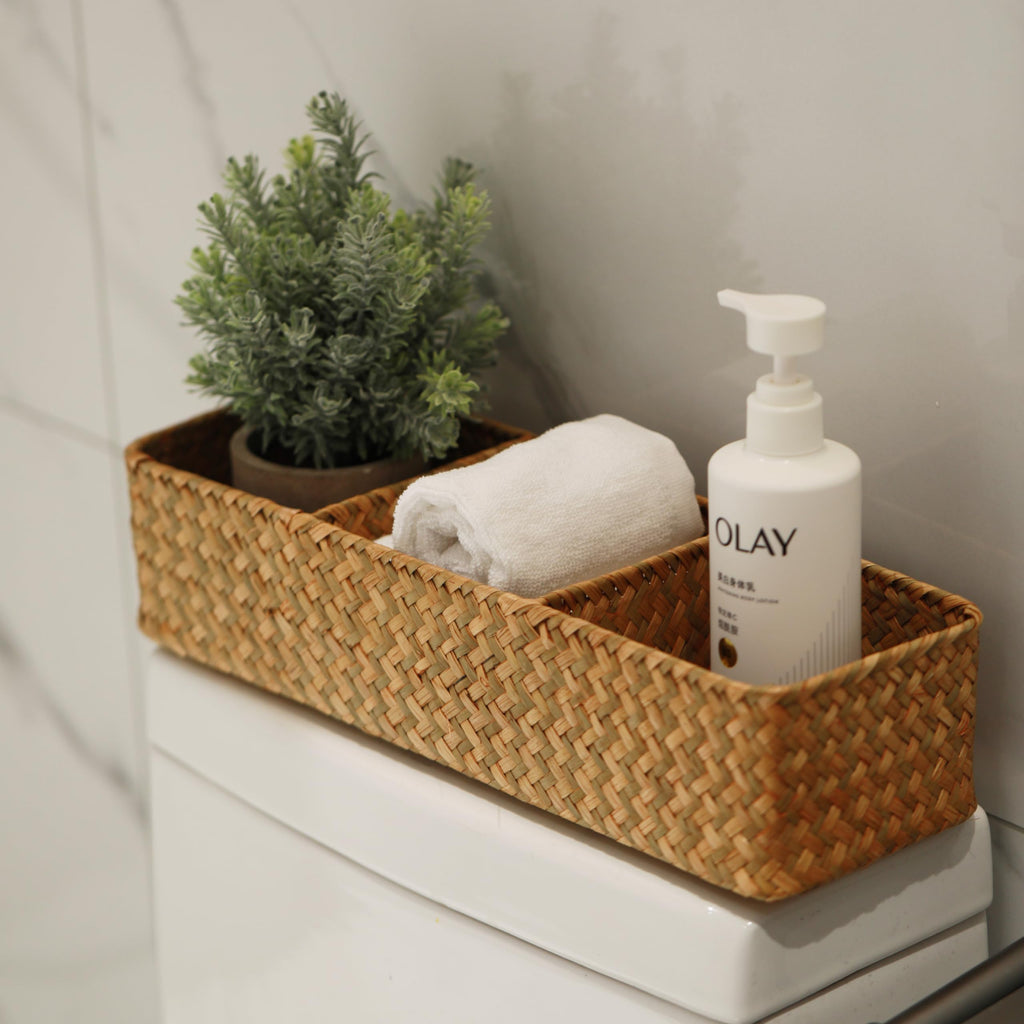 Seagrass Storage Basket with 3 Sections Woven Shelf Baskets for Organizing Natural, 37cm x 12cm x 8cm - image 2