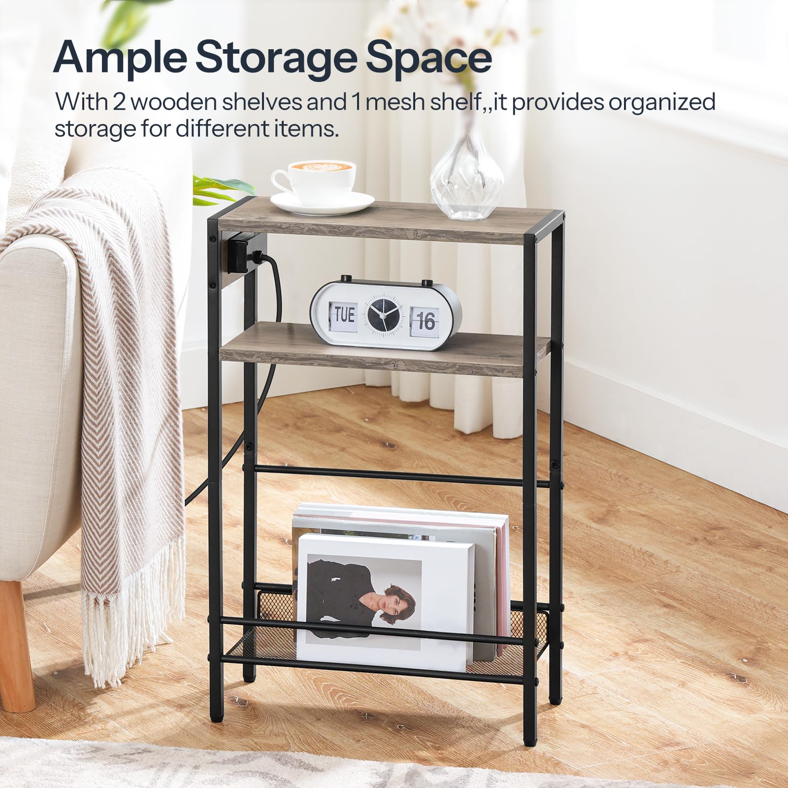 HOOBRO Slim Side Table with Charging Station | 3-Tier Narrow End Table