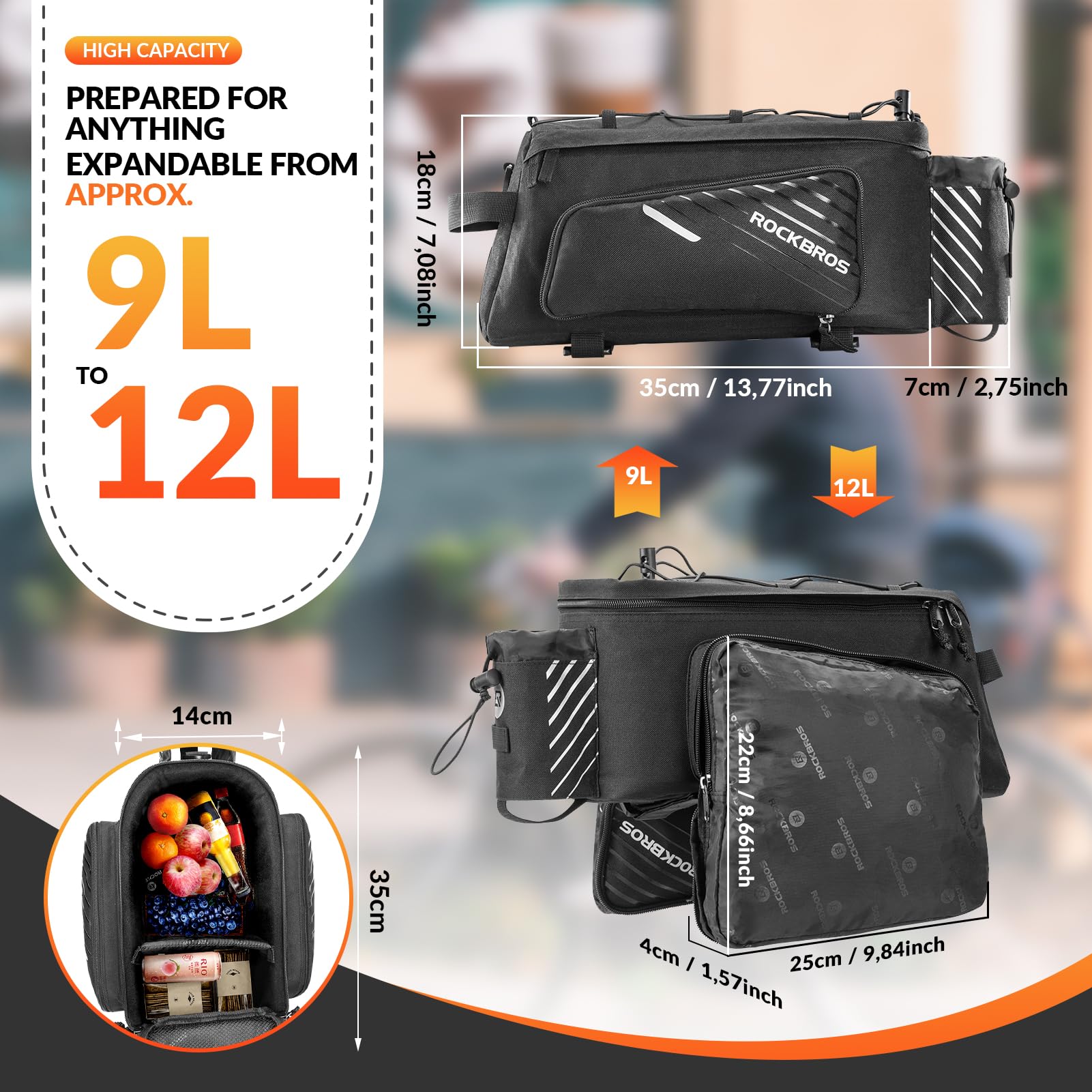 ROCKBROS Bike Pannier Bag | 12L Expandable Rear Seat Trunk with Rain Cover