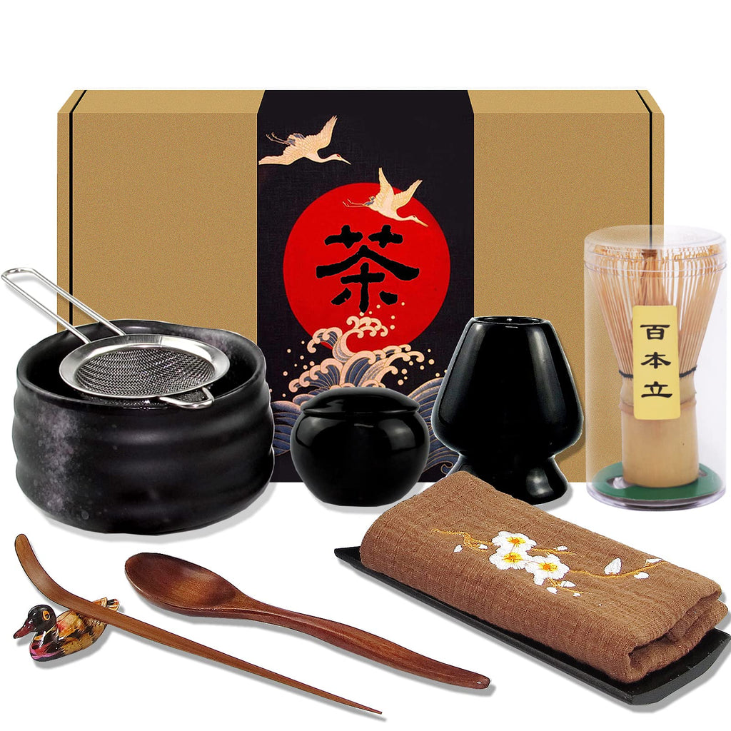Artcome 10-Piece Japanese Matcha Tea Set | Bamboo Whisk & Bowl - Black