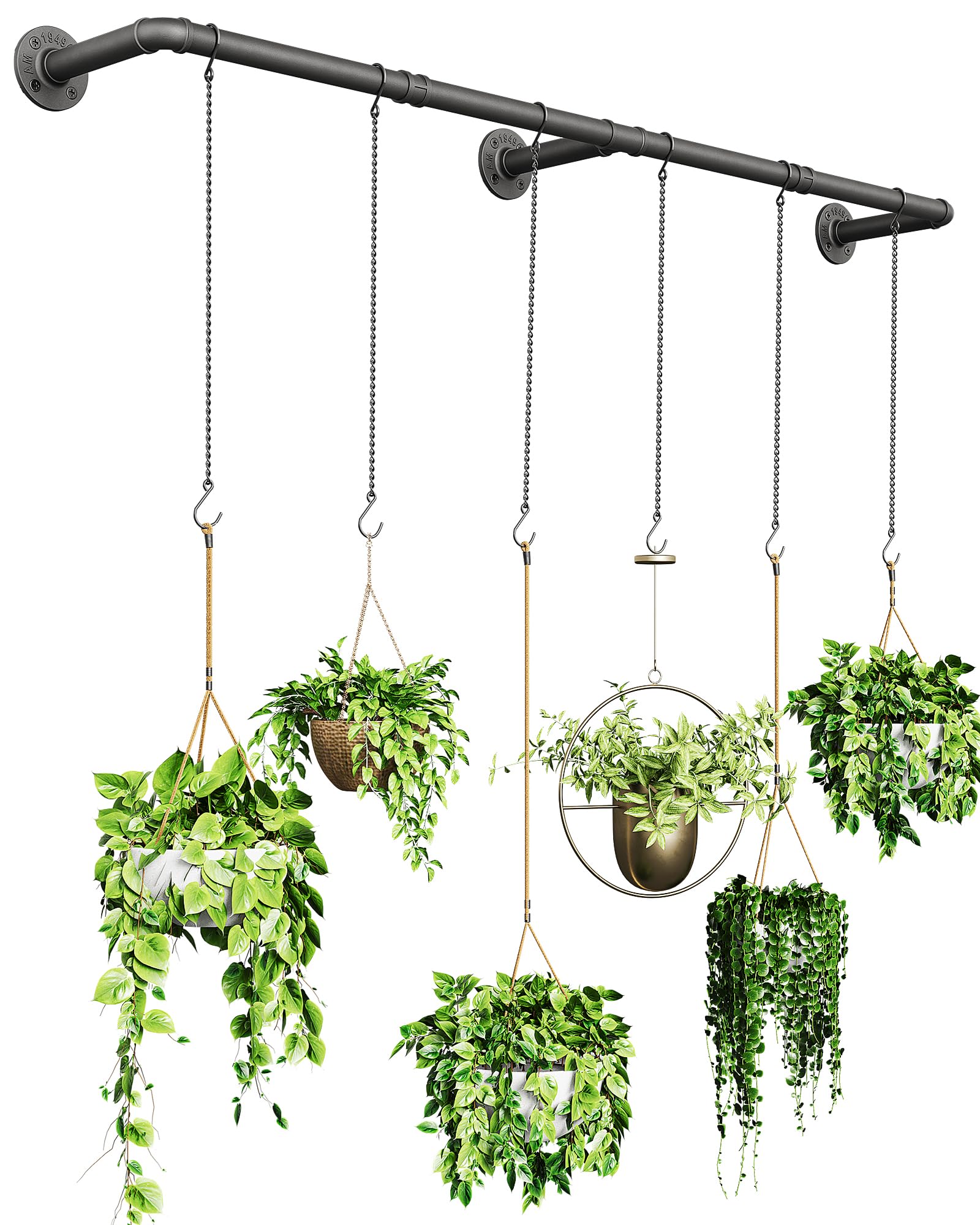 SOFITORG 65.7" Indoor Plant Hanger Rod | Black Metal Hanging Bar with 6 Chains