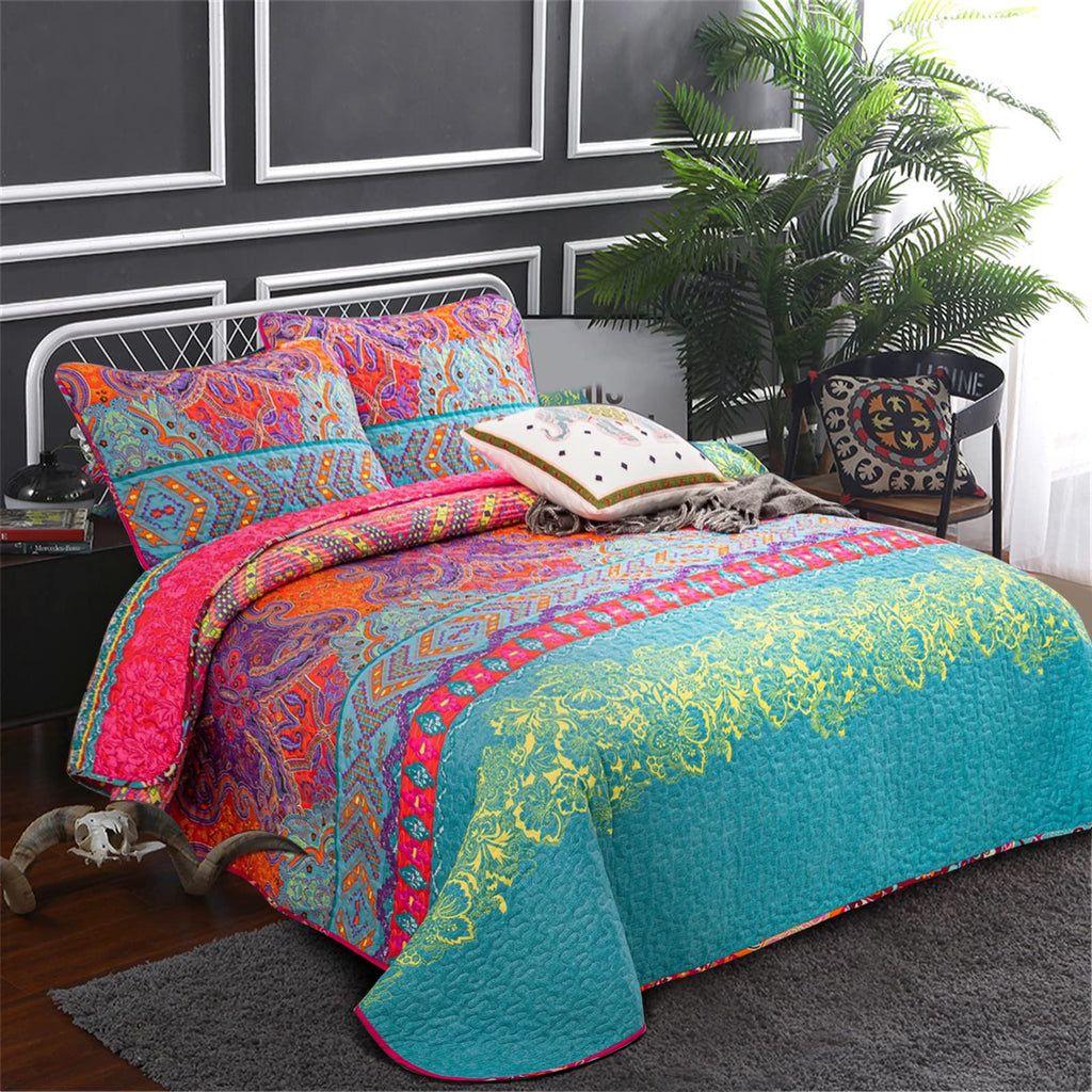 WONGS BEDDING King Size Reversible Boho Floral Bedspread Quilt Set