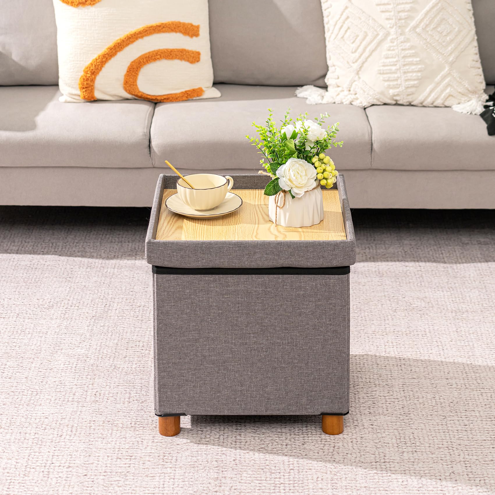 Bonlife Grey Storage Ottoman - Folding Footstool with Wood Legs