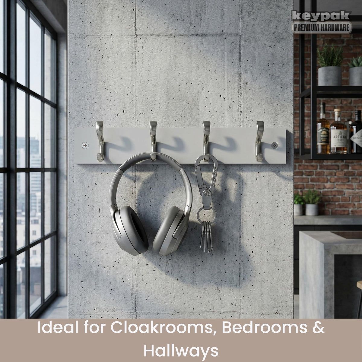 keypak Wall-Mounted Coat Rack – 4 Nickel Hooks on Stylish 38cm Grey Wood - image 5